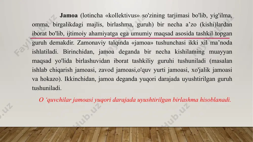 ik» (sinf yoki guruh) hisoblanadi. ushbu bosqichda o'quvchilar o'qituvchi tomonidan talablaming qo'yilishiga e’tiborsiz qaraydilar. jamoa a’zolarining uzluksiz ijodiy faoliyatini tashkil qilish va ulami muayyan (yagona) maqsad atrofida birlashtirishga erishish orqaligina jamoa qaror topadi. o'quvchilaming jamoa faoliyatida ishtirok etishi tufayli asta sekin boyib boradigan tajriba, faoliyat natijasini birgalikda muhokama qilish, qilinajak ishlami rejalashtirish jamoa a’zolarida mas’uliyat, javobgariik, faoliyat biriligi, shuningdek, ishchanlik munosabatining paydo bo'lishi, shuningdek, o'quvchilarda jamoa faoliyatiga nisbatan qiziqishni paydo bo'lishiga olib keladi. bolalarning jamoa faoliyatini tashkil etish borasdagi tajribaga ega emasliklari bois so'z yuritilayotgan bosqichda o'qituvchining asosiy maqsadi jamoa a’zolarini oddiy tarzda uyushtirishdan iborat bo'ladi. jamoa hayotining birinchi bosqichida jamoa faollarining paydo bo'lishi ushbu davr uchun xarakterli hodisadir. jamoa faoli (aktivi) muayyan guruhning shunday a’zolaridirki, ular jamoa manfaatiga muvofiq tarzda harakat qiladilar, o'qituvchi faoliyati va talabiga nisbatan xayrixohlik bilan munosabatda bo'ladilar. faollar o'qituvchining yaqin yordamchilari sifatida ish olib boradilar. jamoa rivojlanishining ikkinchi bosqichi. ushbu bosqich jamoa faolining o'qituvchi talabini …