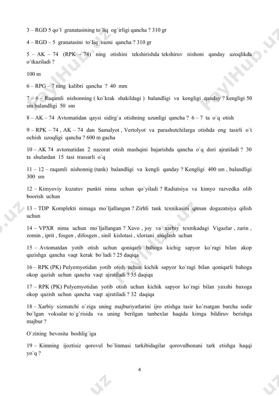 – 74 (rpk – 74) ning otishini tekshirishda tekshiruv nishoni qanday uzoqlikda o`tkaziladi ? 100 m 6 – rpg – 7 ning kalibri qancha ? 40 mm 7 – 6 – raqamli nishonning ( ko`krak shakildagi ) balandligi va kengligi qanday ? kengligi 50 sm balandligi 50 sm 8 – ak – 74 avtomatidan qaysi sidirg`a otishning uzunligi qancha ? 6 – 7 ta o`q otish 9 – rpk – 74 , ak – 74 dan samalyot , vertolyot va parashutchilarga otishda eng tasirli o`t ochish uzoqligi qancha ? 600 m gacha 10 – ak 74 avtomatidan 2 nazorat otish mashqini bajarishda qancha o`q dori ajratiladi ? 30 ta shulardan 15 tasi trassarli o`q 11 – 12 – raqamli nishonnig (tank) balandligi va kengli qanday ? kengligi 400 sm , balandligi 300 sm 12 – kimyoviy kuzatuv punkti nima uchun qo`yiladi ? radiatsiya va kimyo razvedka olib boorish uchun 13 …
