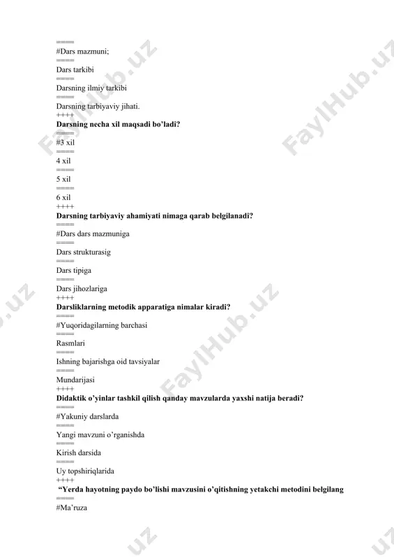 echa xil adabiyotlardan foydalanadi? ==== #3 xil ==== 4 xil ==== 5 xil ==== 6 xil ++++ “urug’larning nafas olishi” mavzusini o’qitishdagi yetakchi metodni belgilang ==== #kuzatish ==== amaliy ==== og’zaki ==== ko’rgazmali ++++ o’quvtajriba uchastkasi necha bo’limdan tashkil topadi? ==== #5 bo’limdan ==== 4 bo’limdan ==== 2 bo’limdan ==== 3 bo’limdan ++++ ekologik mavzulardagi darslarda qaysi metod yetakchi bo’ladi? ==== #ko’rgazmali ==== og’zaki ==== amaliy ==== kuzatish ++++ o’quv materialini qisqa, lo’nda tushuntirishning yo’lini belgilang? ==== #tayanch belgilardan foydalanish ==== suhbat ==== o’quv jadvalllari ==== o’qituvchi hikoyasi ++++ fiziologik mazmundagi darslardagi yetakchi metod qaysi? ==== #ko’rgazmalili ==== amaliy ==== og’zaki ==== suhbat ++++ sistematik mazmundagi darslarda qaysi metod yetakchi bo’ladi? ==== #amaliy ==== ko’rgazmalili ==== og’zaki ==== eksperiment ++++ muammoli dars necha etapda o’tadi? ==== #5 etapda ==== 4 etapda ==== 3 etapda ==== 6 etapda ++++ ta’limning reproduktiv shaklini belgilang? ==== #darsda o’quvchilar tinglovchi bo’lib o’tirishadi ==== suhbat …
