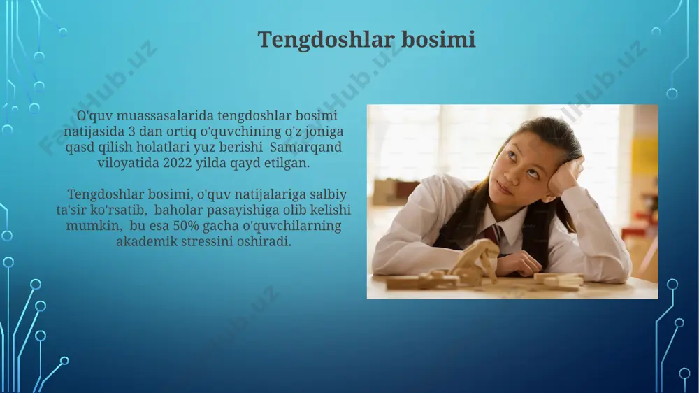 ng ta'rifi ta'lim stressi, o'zbekistonning 2022-yilgi milliy ta'lim statistikasiga ko'ra, o'quvchilarning 35 foizida kuzatilgan yuqori darajadagi ruhiy va jismoniy zo'riqish holatidir, bu akademik bosim va ijtimoiy talablar bilan bog'liq. samarqand davlat universitetida o'tkazilgan tadqiqotlar shuni ko'rsatdiki, ta'lim stressi 15-20 yoshdagi talabalarda uyqusizlik, konsentratsiya qilish qiyinchiliklari va bosh og'rig'i kabi 3 dan ortiq jismoniy alomatlar bilan namoyon bo'ladi. o'qish yuklamasi survay natijalariga ko'ra, samarqanddagi maktablarda o'qish yuklamasining 60% i imtihondan oldingi davrga to'g'ri kelib, o'quvchilarning akademik samaradorligiga salbiy ta'sir ko'rsatadi va ruhiy zo'riqishga olib keladi. o'qish yuklamasi, ayniqsa, toshkentdagi oliy o'quv yurtlarida 50% dan ortiq talabalarda, o'rtacha haftasiga 40 soatdan ortiq dars va topshiriqlar bilan bog'liq stressni keltirib chiqarishi aniqlangan. depressiya va xavotir o'quvchilar orasida depressiya va xavotir holatlari 2022-yilgi tadqiqotlarga ko'ra, toshkent shahridagi maktab o'quvchilarining 30 foizida kuzatilgan, bu esa o'qish bosimi va ijtimoiy munosabatlar bilan bog'liq. xavotir va depressiya alomatlari, masalan, uyqusizlik, konsentratsiya qilish qiyinlishligi va jismoniy kasalliklarning ko'payishi, …
