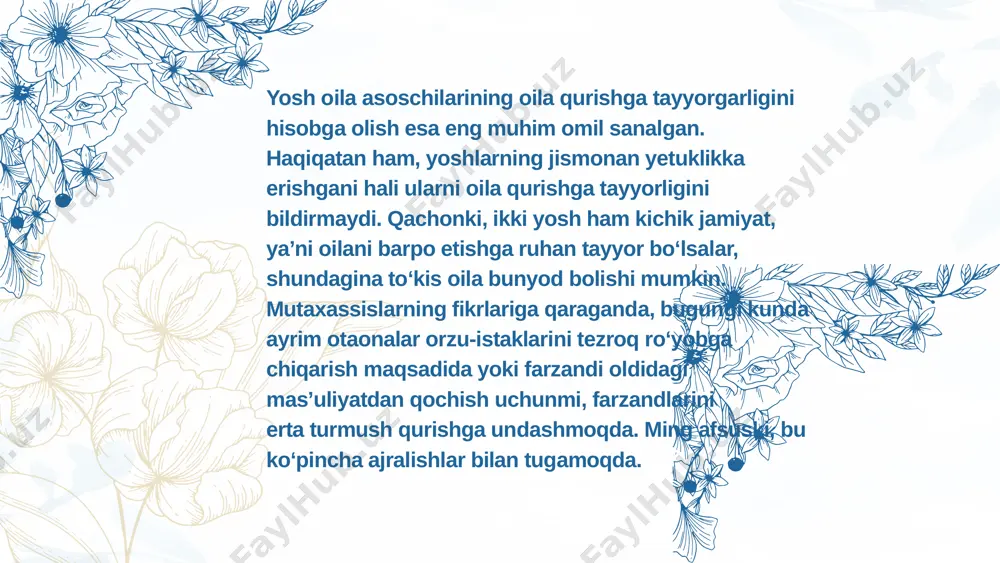 kiston hukumati oila masalalariga davlat siyosati darajasida bajarilishi lozim boʻlgan ustuvor vazifa sifatida qaraydi. oʻzbekiston respublikasi konstitutsiyasining 63-moddasiga ko'ra, oila jamiyatning asosiy boʻgʻini hisoblanadi, u jamiyat hamda davlat tomonidan muhofazada boʻlish huquqiga ega. onalik va bolalikni muhofaza qilish boʻyicha boshqa qonuniy hujjatlar ham qabul qilinib, amaliy tadbirlar belgilangan. jumladan, "kam taʼminlangan oilalarni ijtimoiy himoya qilish choralari toʻgʻrisida" 1994-yil 22-avgustda farmon chiqarilib, muhtoj oilalarga moddiy va maʼnaviy yordam berishning koʻlami kengaytirildi. oilani jamiyatning ravnaq topilishidash tutgan oʻrni va ishtirokini yanada oshirish, oilalarning huquqiy, ijtimoiy, iqtisodiy, maʼnaviy-axloqiy manfaatlarini va farovonligini yaxshilashni davlat tomonidan qoʻllab-quvvatlashni kuchaytirish hamda izchil taʼminlash maqsadida oʻzbekiston respublikasi prezidenti 1998-yilni "oila yili" deb eʼlon qildi. shunga asosan, oila manfaatlarini taʼminlash borasidaamalga oshiriladigan tadbirlar toʻgʻrisida davlat dasturi ishlab chiqildi. oʻzbekiston respublikasi xotin-qizlar qoʻmitasi huzurida respublika "oila" ilmiy-amaliy markazi tashkil etildi. oilaviy hayot masalalarini huquqiy tartibga solishga bagʻishlangan oʻzbekiston respublikasining oila kodeksi qabul qilingan. e’tiboriz uchun rahmat! image1.png image2.png image3.svg image4.png …