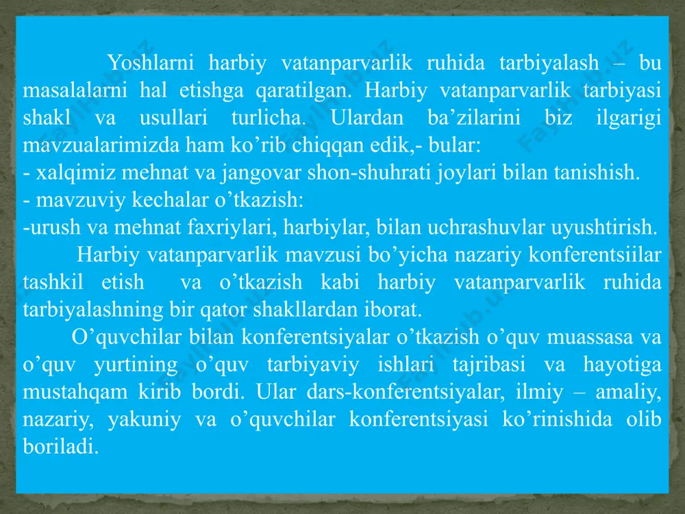 aratadi, plakatlar, harbiy harakatlar xaritalarini bezatish bilan shug’ullanadi. ancha murakkab topshiriqlarni 2-5 kishidan iborat o’quvchilar guruhiga topshirish pedagogik ma’noda maqsadga muvofiq bo’ladi. asosiysi har bir o’quvchiga o’zi qiziqadigan ishni topib berish muhim. turli manbalarni o’rganishda (sh.m.mirziyoyev asarlari, ko’zga ko’ringan davlat arboblari, o’zbekiston xukumati hujjatlari, o’quv ilmiy – ommabop, badiiy, ma’lumotlar adabiyotlari, bezakli gazeta materiallari) o’quvchilar o’qituvchilar rahbariligida kutubxonada entsiklopediyalar bilan ishlaydilar. tayyorgarlik davrida ular kinofilm, spektakllar ko’rib, konferentsiya mavzusiga tegishli tomonlarini o’rganib chiqib, muzeylarga borib urush va mehnat faxriylari bilan uchrashadilar. o’zbekiston xalqi harbiy va mehnat shon-shuhrati joylariga borib tanishadilar. bularning hammasi ularning g’oyaviy-siyosiy saviyasini o’stirishga yordam beradi. so’zsiz, albatta o’quvchilar izlanishlarida fanda bor ma’lumotlarni to’plash uslublaridan foydalanish mumkin va lekin shart emas, biroq ma’lumotlar haqiqiy bo’lishi uchun ular iloji boricha ko’p izlanishlari lozim. konferentsiyaga tayyorlanish davomida «chaqiruvga qadar boshlang’ich tayyorgarlik” o’qituvchisi o’quvchilarga rejalar, konspektlar, testlar tayyorlash, asosiy ma’nolarini ajrata bilish, tsitatalar tanlash, hujjatlar bilan ishlash, o’lka ma’lumotlarini to’plash va …