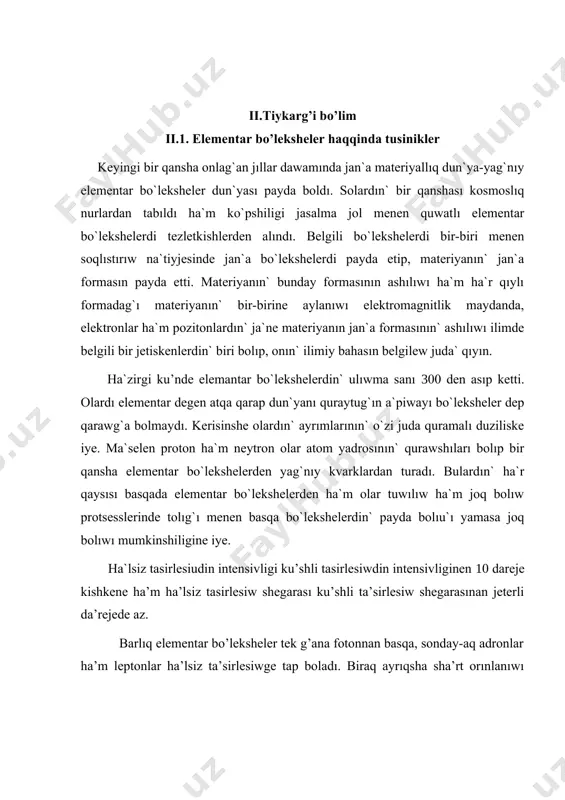 ten’. elementar boleksheler fizikasının ayrım problemaların biliu ushın daslep olardın rauajlanıu tarıyxına toktap otiuimiz kerek. mine biz sonnan baslaymız. mezonnın’ ashılıwı menen onın’ turaqsız bo’lekshe ekenligi ma’lim boldı. onı fizikler eksperiment ja’rdeminde anıqlawg’a tırıstı. olar tawdın’ basına ha’m to’menge sınag’ıshlar qoyadı. ekewilerinin’ de islew rejimi birdey bolıp. joqarıdag’ı sanag’ıshtan o’tken bo’leksheler ag’ımı menen to’mendegi sınag’ıshtag’ı bo’lekshelerdi esaplaydı( -suwret). bunda biyiklik n-belgili bo’leksheler ıdıraytug’ın bolsa, onda nızamı boyınsha ıdıraydı. bunda;-to’mendegi bo’leksheler ag’ımının’ intensivliligi -joqarıdag’ı bo’leksheler ag’ımının’ intensivliligi -tawdın’ basınan jerge deyin bo’lekshenin’ kelip jetiw waqtı, al -bo’lekshenin’ yarım ıdıraw dawiri. joqarıdan to’menge kelemen degenshe bo’leksheler ag’ımı ha’lsireydi, ol e=2,6 ge ten’ dep qabıl etilgen. yarım ıdıraw dawiri s salıstırmalılıq teoriyası boyınsha ge ten’ boladı. bunda bo’lekshenin’ energiyası kosmos nurlarının’ energiyası ev qa ten’. al - mezonnın’ tınıshlıqtag’ı energiyası olay bolsa –mezonnın’ jasaw dawirine to’mendegishe baha beriw mymkin. teor. sek bolıw kerek. ekspermentı tabıw boyınsha ta’jiriybe to’mendegishe o’tkerilgen. schetchikleri bir sa’ykesleniw sxemasına …