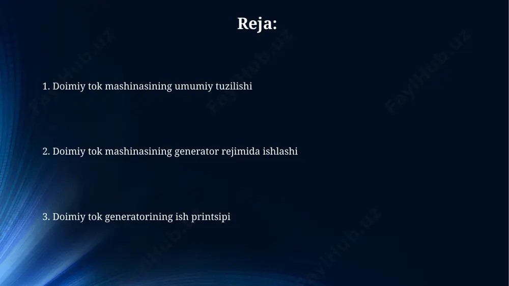 zifasi va ishlash printsipi kommutator, 180 daraja burilganda, qoʻzgʻalish magnit maydonining yoʻnalishi bilan rotor oqimining yoʻnalishi oʻzgaradi va shu tariqa doimiy elektr toki ishlab chiqariladi, bu jarayon toshkentdagi laboratoriyalarda tekshiriladi. kommutator, 120 segmentdan iborat boʻlib, toʻgʻri tok generatori (masalan, moskva shahrida ishlab chiqarilgan) da rotordan oqimni toʻgʻrilaydi va shu bilan doimiy qutblilik hosil qiladi. doimiy tok mashinasining generator rejimida ishlashi doimiy tok generatorining samaradorligi, 90% ga yaqin bo'lib, qo'zg'alish oqimining o'zgarishi bilan boshqariladi va 10-15 kvt gacha quvvatga ega bo'lishi mumkin, bu esa kichik sanoat korxonalarida qulaydir. doimiy tok mashinasining generator rejimida ishlashi mexanik energiyani elektr energiyasiga 220 v gacha kuchlanish hosil qilib, 5000 aylanish/minut tezlikda aylanadigan rotor yordamida o'zgartiradi, bu jarayon toshkentdagi elektr stansiyalarida keng qo'llaniladi. samaradorlik va yo'qotishlar самқародорликка таъсир этувчи омиллардан бири – щёткалар ва коллектор ўртасидаги ишқаланиш бўлиб, у 5-10% қувват йўқотишига олиб келиши мумкин, бу эса самарқанддаги кичик гэсларда муҳим аҳамиятга эга. ток йўқотишлари кучли …