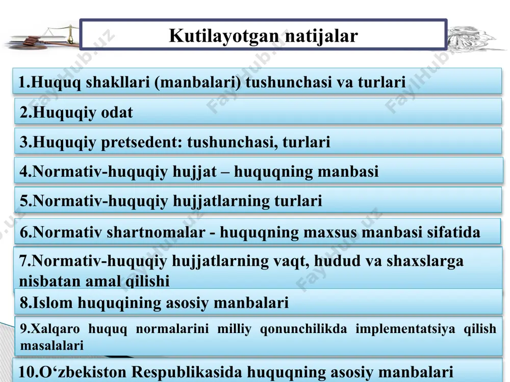 ydi. misol... 8-modda. oilaviy munosabatlarda mahalliy urf-odat va anʼanalarning qo‘llanilishi qonunchilikda oilaviy munosabatlarni tartibga solishga oid tegishli normalar bo‘lmagan taqdirda, o‘zbekiston respublikasining qonunchiligi tamoyillariga zid bo‘lmagan mahalliy urf-odat va anʼanalar qo‘llaniladi. misol... huquqiy pretsedent - sud yoki maʼmuriy organning qarori bo‘lib, bu qaror kelgusida barcha shunga o‘xshash ishlarni ko‘rib chiqish va hal qilish uchun asos bo‘ladigan namuna normadir. sud pretsedenti maʼmuriy pretsedent marbury v. madison (1803) – eng mashhur sud pretsedenti ishning mazmuni 1801-yilda aqsh prezidenti jon adams o‘z lavozimidan ketishidan oldin bir qator sudyalar tayinlagan. ushbu tayinlovlar ichida uilyam marberi ham bor edi. ammo yangi prezident tomas jefferson va uning davlat kotibi jeyms medison bu tayinlov hujjatlarini yetkazib bermadi. natijada marberi sudga murojaat qilib, hujjatlarni topshirishni talab qildi. eng mashhur sud pretsedenti "chevron u.s.a. inc. v. natural resources defense council, inc." (1984) ishning mazmuni bu ish aqshda davlat idoralarining qonunlarni talqin qilish vakolati qanchalik keng ekanligini belgilab berdi. orqa …
