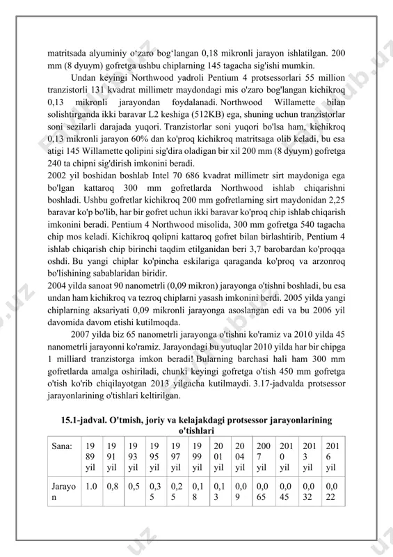 rgan holda, qolipga ko'proq tranzistorlarni kiritish imkonini beradi. bu shuni anglatadiki, o'limga ko'proq va ko'proq kesh kiritish tendentsiyasi davom etadi va 2010 yilga kelib tranzistorlar soni har bir chip uchun 1 milliard yoki undan ko'proqqa ko'tariladi. buning ma'lum bir chipga qanday ta'sir qilishi mumkinligiga misol sifatida, keling, asl pentium 4 ni ko'rib chiqaylik. sanoatda ko'p yillar davomida ishlatiladigan standart gofret o'lchami diametri 200 mm yoki atigi 8 dyuym edi. bu taxminan 31 416 ga teng gofretga olib keladi. pentium 4 ning willamette yadroli birinchi versiyasida maydoni 217 kvadrat millimetr bo‘lgan, 42 million tranzistorga ega bo‘lgan va 200 millimetrli gofretlarda ishlab chiqarilgan matritsada alyuminiy o‘zaro bog‘langan 0,18 mikronli jarayon ishlatilgan. 200 mm (8 dyuym) gofretga ushbu chiplarning 145 tagacha sig'ishi mumkin. undan keyingi northwood yadroli pentium 4 protsessorlari 55 million tranzistorli 131 kvadrat millimetr maydondagi mis o'zaro bog'langan kichikroq 0,13 mikronli jarayondan foydalanadi. northwood willamette bilan solishtirganda ikki baravar l2 keshiga …