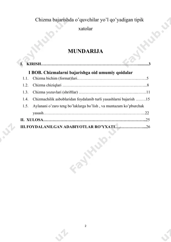 qsa mashinasozlik, texnikada yoki bo’lmasa kundalik hayotda ishlatadigan barcha buyumlarimiz chizmalar asosida yaraladi. jahonda ishlab chiqariladigan barcha texnika va mashina faqat chizmalar asosida yaraladi.chizma bu muxandisning g’oya va fikrlarini ifodalovchi hujjat hisoblanadi. chizma chizish murakkab jarayon hisoblanadi, chizuvchidan sabr toqat va qunt bilan ishlashni talab qiladi. chizmaning sifati chizuvchining qo‘l sezgisiga bog‘liq bo‘!adi. chizmalarni toza va chiroyli qilib chizishda, asosan, qo‘l sezgisi kata ahamiyatga ega. chiziladigan bir hil turdagi chiziqlar bir hil yo‘g‘onlikda, bir tekis qilib chizilishi lozim. insonda qo'i sezgisi yaxshi rivojlangan bo‘lsa, qo’liga olgan qalamni qog‘oz ustida mahorat bilan yurgiza oladi. insonning qo‘l sezgisini tekshirish uchun qalam uchi ingichka qilib chiqariladi (uchlanadi) va chizg'ich yordamida bir nechta chiziq chizish mashq qilinadi. shunda chizilgan chiziqlarning ko'pchiligi bir xil chiqsa, uning qo‘l sezgisi yaxshi rivojlangan hisoblanadi. ba'zi odamlarning qo‘l sezgisi nisbatan rivojlanmagan bo‘ladi. ular qalamning uchi ingichka yoki yo‘g ‘onroq uchlangandan qat'iy nazar, qalamni bir xilda bosib chizishadi. shunda ingichka …