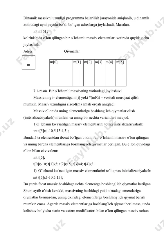 an hisoblanadi, massiv uzunligi kompilyator tomonidan boshlang`ich qiymatlar soniga qarab aniqlanadi. agarda massivni uzunligi berilmasa, boshlang`ich qiymati berilishi shart. } ko`p o`lchamli statik massivlar: [1(263-280), 2(114-115), 3(90-91)]cққ tilida massivlar elementining turiga cheklovlar qo`yilmaydi, lekin bu turlar chekli o`lchamdagi obyektlarning turi bo`lishi kerak. chunki kompilyator massivning xotiradan qancha joy (bayt) egallashini hisoblay olishi kerak. xususan, massiv komponentasi massiv bo`lishi mumkin, ya`ni «vektorlar-vektori» natijada matritsa deb nomlanuvchi ikki o`lchamli massiv hosil bo`ladi. agar matritsaning elementi ham vektor bo`lsa, uch o`lchamli massivlar – kub hosil bo`ladi. shu yo`l bilan yechilayotgan masalaga bog`liq ravishda ixtiyoriy o`lchamdagi massivlarni yaratish mumkin. ikki o`lchamli massivning sintaksisi quyidagi ko`rinishda bo`ladi: [ ] [ ] masalan, 10 x 20 o`lchamli haqiqiy sonlar massivining e`loni: float a[10] [20] ; e`lon qilingan a matritsani ko`rinishi 7.2-rasmda keltirilgan. j a : (a , a … … a , a ,), a : (a , a … … a , a embed equation.3 …