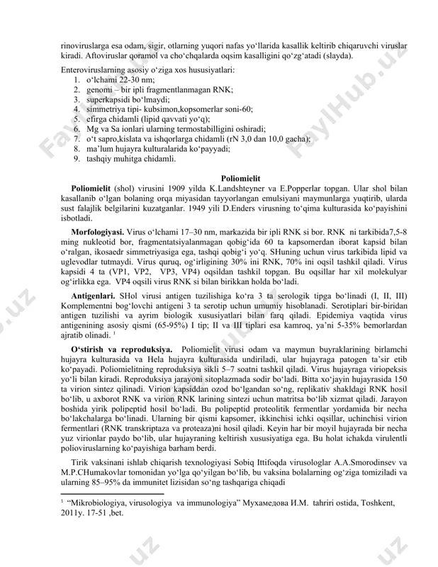 ; rinoviruslarga esa odam, sigir, otlarning yuqori nafas yo‘llarida kasallik keltirib chiqaruvchi viruslar kiradi. aftoviruslar qoramol va cho‘chqalarda oqsim kasalligini qo‘zg‘atadi (slayda). enteroviruslarning asosiy o‘ziga xos hususiyatlari: 1. o‘lchami 22-30 nm; 1. genomi – bir ipli fragmentlanmagan rnk; 1. superkapsidi bo‘lmaydi; 1. simmetriya tipi- kubsimon,kopsomerlar soni-60; 1. efirga chidamli (lipid qavvati yo‘q); 1. mg va sa ionlari ularning termostabilligini oshiradi; 1. o‘t sapro,kislata va ishqorlarga chidamli (rn 3,0 dan 10,0 gacha); 1. ma’lum hujayra kulturalarida ko‘payyadi; 1. tashqiy muhitga chidamli. poliomielit poliomielit (shol) virusini 1909 yilda k.landshteyner va e.popperlar topgan. ular shol bilan kasallanib o‘lgan bolaning orqa miyasidan tayyorlangan emulsiyani maymunlarga yuqtirib, ularda sust falajlik belgilarini kuzatganlar. 1949 yili d.enders virusning to‘qima kulturasida ko‘payishini isbotladi. morfologiyasi. virus o‘lchami 17–30 nm, markazida bir ipli rnk si bor. rnk ni tarkibida7,5-8 ming nukleotid bor, fragmentatsiyalanmagan qobig‘ida 60 ta kapsomerdan iborat kapsid bilan o‘ralgan, ikosaedr simmetriyasiga ega, tashqi qobig‘i yo‘q. shuning uchun virus …