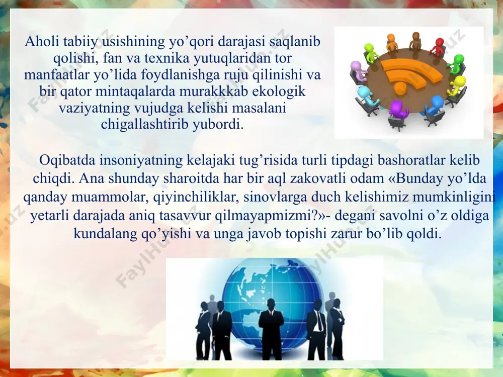 mi umuminsoniy mushtarak manfaatlari yo’lida hamjixatlikda qilingan sa’y-harakat lar eganini aloxida ta’kidlash lozim. ana shunday misollar anchagina. masalan, 1955 yil 31 yanvarda frederiko julio kyuri (u shu paytda jaxon ilmiy xodimlari federasiyasi tashkilotining prezidenti edi) nobel mukofoti sovrindori bertran rasselga xat orqali murojaat qilib, yadro qurolining juda xavfli tus olayotganligini, bu falokatning oldini olish uchun fan arboblari birgalikda harakat qilishi lozimligini bildiradi. harbiy-sanoat o’z domiga tabiatning shunday noyob boyliklarini tortayaptiki, bu sarf-harajatlar o’sish sur’atining tezligiga qarab beihtiyor o’z kelajagimiz to’g’risida xomush hayollar og’ushida qolmasdan iloj yo’q. bu soxa faqat tabiiy resurslar bilan cheklanib qolmasdan, balki, o’ta kamyob aql egalari, talantli kishilarning aqliy faoliyatini ham o’z izmiga solib, oqibatda, ilmiy-texnika taraqqiyotining insoniyat manfaatiga qaratilgan yo’nalishiga asosiy to’siq bo’lib qolmoqda. yaqin kelajakda rivojlanayotgan mamlakatlarda elektr energiyasi ishlab chiqarishni tez sur’atlar bilan ko’paytirib borish ko’zda tutilmoqda. butun jaxonda ishlab chiqarilgan elektr energiyasining qariyib 34% ana shu mamlakatlar xissasiga to’g’ri keladi. elektr energiyasining shu …