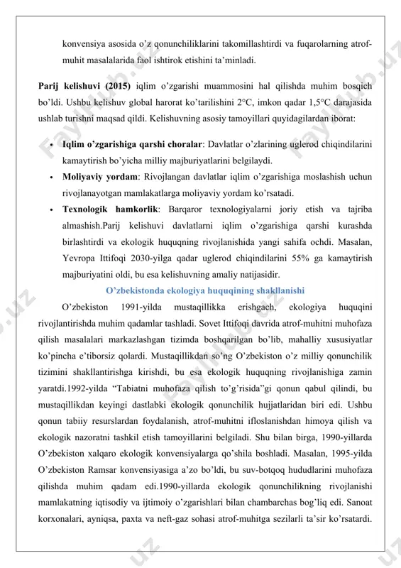 erishgach, ekologiya huquqini rivojlantirishda muhim qadamlar tashladi. sovet ittifoqi davrida atrof-muhitni muhofaza qilish masalalari markazlashgan tizimda boshqarilgan bo’lib, mahalliy xususiyatlar ko’pincha e’tiborsiz qolardi. mustaqillikdan so’ng o’zbekiston o’z milliy qonunchilik tizimini shakllantirishga kirishdi, bu esa ekologik huquqning rivojlanishiga zamin yaratdi.1992-yilda “tabiatni muhofaza qilish to’g’risida”gi qonun qabul qilindi, bu mustaqillikdan keyingi dastlabki ekologik qonunchilik hujjatlaridan biri edi. ushbu qonun tabiiy resurslardan foydalanish, atrof-muhitni ifloslanishdan himoya qilish va ekologik nazoratni tashkil etish tamoyillarini belgiladi. shu bilan birga, 1990-yillarda o’zbekiston xalqaro ekologik konvensiyalarga qo’shila boshladi. masalan, 1995-yilda o’zbekiston ramsar konvensiyasiga a’zo bo’ldi, bu suv-botqoq hududlarini muhofaza qilishda muhim qadam edi.1990-yillarda ekologik qonunchilikning rivojlanishi mamlakatning iqtisodiy va ijtimoiy o’zgarishlari bilan chambarchas bog’liq edi. sanoat korxonalari, ayniqsa, paxta va neft-gaz sohasi atrof-muhitga sezilarli ta’sir ko’rsatardi. shu sababli, davlat tomonidan ekologik monitoring tizimi joriy etildi va atrof-muhitni muhofaza qilish bo’yicha maxsus organlar tashkil qilindi. “tabiatni muhofaza qilish to’g’risida”gi qonunlar va ekologik nazorat institutlari o’zbekistonning ekologiya huquqi sohasidagi …
