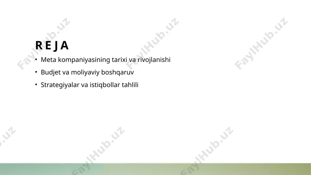 iyatlar o'zbekistonda meta uzoq muddatli rivojlanish imkoniyatlariga ega bo'lib, internet infratuzilmasini yaxshilash va raqamli innovatsiyalarni ilgari surishga e'tibor qaratmoqda. meta kompaniyasining moliyaviy boshqaruvi: tarikh va asosiy bosqichlar. tarixiy rivojlanish meta kompaniyasining moliyaviy boshqaruvi 2004 yilda mark zukerberg tomonidan asos solinganidan beri muhim bosqichlarni o'z ichiga oldi. moliya strategiyalari meta kompaniyasi reklamalarni monetizatsiya qilish va foydalanuvchi ma'lumotlaridan foydalanish orqali moliyaviy strategiyalarini yanada mustahkamladi. asosiy bosqichlar 2012 yilda ipo jarayoni, meta'ning aktsiyalarini ommaviy ravishda sotishga chiqarishi, moliyaviy boshqaruvda yangi bosqichni belgiladi. meta kompaniyasining budjeti: statistikalar va moliyaviy ko'rsatkichlar. 01 meta budjeti haqida meta kompaniyasining budjeti yiliga taxminan 100 milliard dollar atrofida. bu mablag'lar innovatsiyalar va xizmatlarni rivojlantirishga yo'naltiriladi. 02 moliyaviy ko'rsatkichlar meta kompaniyasining daromadi 2022 yilda 116 milliard dollarni tashkil etdi, bu esa 20% o'sishni anglatadi. raqobatbardosh bozor sharoitida bu muvaffaqiyatli ko'rsatkichdir. 03 budjet rejalashtirish meta budjet rejalashtirish jarayonida analitik metodlarni qo'llaydi, bu esa resurslarni samarali taqsimlash va strategik maqsadlarga erishishda muhim …
