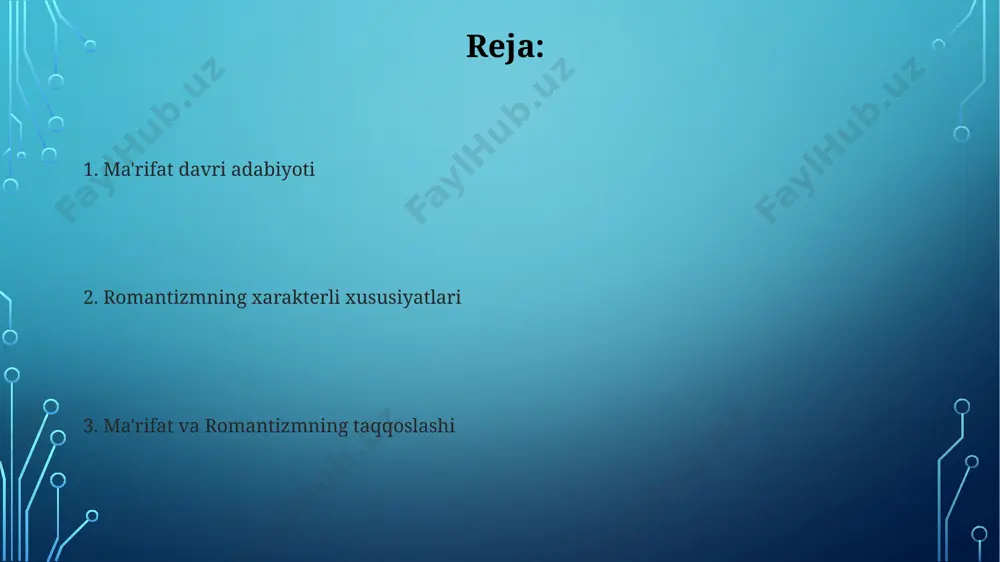 lari, 19-asrning 2-yarmida rossiya va g'arbiy yevropa adabiyotida keng tarqalgan bo'lib, ularning asarlari o'zbekistondagi adabiyotga ham ta'sir ko'rsatgan. alisher navoiyning "xamsa"si ma'rifat davri ta'siriga ega bo'lsa-da, uning ba'zi asarlari, masalan, "farhod va shirin" romantizmning ba'zi xususiyatlarini, xususan, chuqur his-tuyg'ularni aks ettiradi. ma'rifat davri va romantizm o'rtasidagi farqlar ma'rifat davri (18-asr) ratsionalizmga, mantiqqa va ob'ektiv haqiqatga urg'u bergan bo'lsa, romantizm (19-asr) his-tuyg'ularga, shaxsiyatga va sub'ektiv tajribaga ustun qo'ydi, masalan, germaniya va angliyada. ma'rifat adabiyoti odatda jamiyatdagi muammolarni hal qilishga qaratilgan bo'lsa, romantizm tabiat, xayol va individualizmni 3 asosiy mavzular sifatida ko'rsatdi. romantizmda tabiat tasviri 1780-yillardan boshlab, romantizmning 3 ta asosiy yo'nalishi – gotik, idealist va sentimental – tabiatni har xil nuqtai nazardan tasvirlashda sezilarli farqlarni keltirib chiqardi. tabiat tasvirining 20 dan ortiq turli uslublari, masalan, sublimatsiya yoki idealizatsiya, romantizm davrida alp tog'lari kabi manzaralarni ifodalashda qo'llanilgan. ikkala davr adabiyotining taqqoslashi 18-asr o'rta osiyosi va yevropada yoritilgan ma'rifat davri adabiyoti bilan romantizmning …