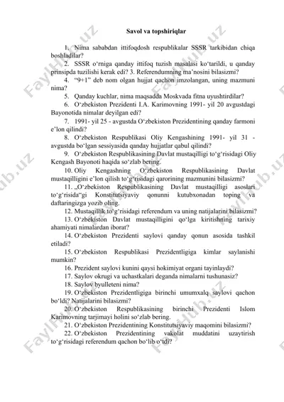 o'zbekiston respublikasining mustaqillik yo'li — DOCX