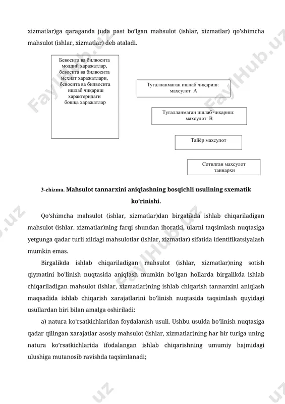 ash mumkin bo’lgan hollarda birgalikda ishlab chiqariladigan mahsulot (ishlar, xizmatlar)ning ishlab chiqarish tannarxini aniqlash maqsadida ishlab chiqarish xarajatlarini bo’linish nuqtasida taqsimlash quyidagi usullardan biri bilan amalga oshiriladi: a) natura ko’rsatkichlaridan foydalanish usuli. ushbu usulda bo’linish nuqtasiga qadar qilingan xarajatlar asosiy mahsulot (ishlar, xizmatlar)ning har bir turiga uning natura ko’rsatkichlarida ifodalangan ishlab chiqarishning umumiy hajmidagi ulushiga mutanosib ravishda taqsimlanadi; b) bo’linish nuqtasidagi sotish qiymati asosidagi usul. ushbu usulda bo’linish nuqtasiga qadar qilingan xarajatlar asosiy mahsulot (ishlar, xizmatlar)ning har bir turiga uni sotishdan taxmin qilingan tushum umumiy summasidagi ulushiga mutanosib ravishda taqsimlanadi. birgalikda ishlab chiqariladigan mahsulot (ishlar, xizmatlar)ning alohida turlari keyingi qayta ishlov berishga o’tkazilgan hamda bo’linish nuqtasida ularni sotishning joriy qiymati (sotish qiymati)ni aniqlashning imkoni bo’lmagan hollarda ishlab chiqarish xarajatlarini bo’linish nuqtasida birgalikda ishlab chiqariladigan mahsulot (ishlar, xizmatlar) turlari o’rtasida taqsimlash quyidagi usullardan biri bilan amalga oshiriladi: a) sotishning sof qiymati usuli. ushbu usulda birgalikda ishlab chiqariladigan mahsulot (ishlar, xizmatlar) turlari …
