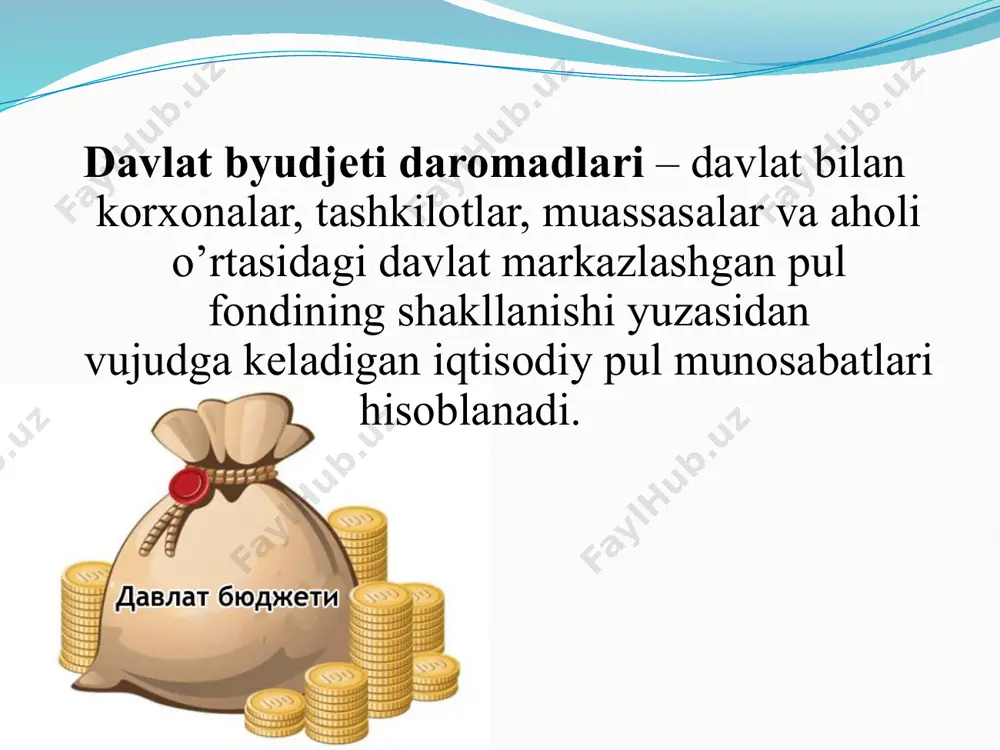chki mahsulot qiymatini taqsimlash va qayta taqsimlash yo’li bilan majburan davlat byudjetiga mablag’ to’plash jarayonini amalga oshiradi. bir xil mohiyatga ega va o’zaro munosabatda bog’liq bo’lib, markazlashgan pul fondi bo’lgan davlat byudjeti va davlatning boshqa maqsadli jamg’armalarini majburiy tashkil etadigan soliqlar va yig’imlar turlarining yig’indisiga soliq tizimi deb ataladi. o’zbekiston respublikasi soliq kodeksi yangi tahririning 17- “soliqlarning va yig’imlarning turlari” nomli moddasiga binoan, o’zbekiston respublikasi soliq tizimi tarkibiga quyidagilar kiradi: 1) qo’shilgan qiymat solig’i; 2) aksiz solig’i; 3) foyda solig’i; 4) jismoniy shaxslardan olinadigan daromad solig’i; 5) yer qa‘ridan foydalanganlik uchun soliq; 6) suv resurslaridan foydalanganlik uchun soliq; 7) mol-mulk solig’i; 8) yer solig’i; 9) ijtimoiy soliq. shuningdek, soliq to’lovchilarning ayrim toifalari uchun oʻzbekiston respublikasi hududida quyidagi maxsus soliq rejimlari belgilanadi: 1) aylanmadan olinadigan soliq; 2) mahsulot taqsimotiga oid bitimlar ishtirokchilariga soliq solishning alohida tartibi; 3) maxsus iqtisodiy zonalar ishtirokchilariga va ayrim toifadagi soliq to’lovchilarga soliq solishning alohida tartibi. maxsus …