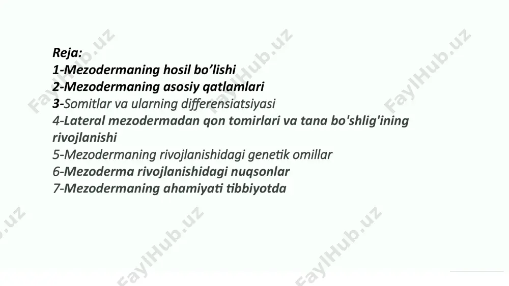 ga xos vazifalari va rivojlanish yo'nalishlari mavjud bo'lib, ular embrionning to'liq shakllanishida muhim rol o'ynaydi. 5 somitlar va ularning differensiatsiyasi somitogenez somitlarning shakllanish jarayoni. bu jarayon paraksial mezodermada sodir bo'ladi. sklerotom umurtqa pog'onasini hosil qiladi. sklerotom hujayralari umurtqa pog'onasining suyaklarini hosil qilish uchun migratsiya qiladi. miotom mushaklarni hosil qiladi. miotom hujayralari tananing mushaklarini hosil qilish uchun migratsiya qiladi. dermatotom terini hosil qiladi. dermatotom hujayralari terining dermis qismini hosil qilish uchun migratsiya qiladi. somitlarning differensiatsiyasi natijasida embrionning asosiy skelet, mushak va teri tuzilmalari shakllanadi. 6 intermedial mezodermadan siydik-tanosil tizimining rivojlanishi buyraklar intermedial mezoderma buyraklarni hosil qiladi. buyraklar siydikni filtrlash va organizmdan chiqarish uchun muhim organlardir. jinsiy bezlar jinsiy bezlar (gonadlar) ham intermedial mezodermadan rivojlanadi. ular jinsiy hujayralarni (spermatozoidlar va tuxum hujayralari) ishlab chiqaradi. siydik yo'llari siydik yo'llari ham intermedial mezodermadan rivojlanadi. ular buyraklardan siydikni qovuqqa olib o'tadi. jinsiy differensiatsiya jinsiy differensiatsiya jarayoni genetik va gormonal omillar ta'sirida sodir bo'ladi va erkak …