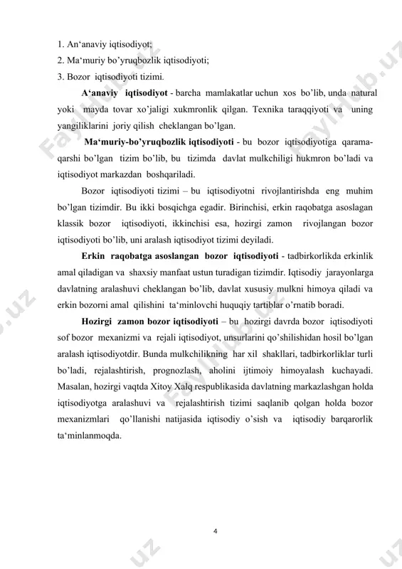 keltirib chiqaradi. aytish mumkinki, mulkchilik munosabatlari – bu iqtisodiy va doimiy kategoriya bo’lib, bu mulkka egalik qilish, foydalanish, o’zlashtirish va tasarruf etish jarayonlarida vujudga keladigan iqtisodiy munosabatlar majmuidir. mulkka egalik qilish – bu mulkni egasi qo’lida mavjud bo’lishidir va yaratilgan moddiy boyliklarni o’zlashtirishning ijtimoiy shaklidir. shuning bilan bir qatorda mulk kishiga boshqa kishilar foydalanishi mumikn. mulkdan foydalanish – bu mol-mulkning iqtisodiy faoliyatda ishlatilishini bildiradi. mol-mulkni o’zlashtirish - bu daromad olish uchun yoki shaxsiy ehtiyojni qondirish uchun ishlatilishidir. mulkni tasarruf etish – bu mol–mulk taqdirini mustaqil hal etishni bildiradi. bu mustaqillik mol-mulkni sotish, meros qoldirish, hadya qilish, ijaraga berish, davlat ixtiyoriga o’tkazish kabi ko’rinishlardan iboratdir. mulkchilikning munosabatlarining iqtisodiy mazmunini mulkka egalik qilish, foydalanish, o’zlashtirish va tasarruf etish belgilaydi va jamiyatdagi huquqiy, iqtisodiy munosabatlar mazmunini o’zida ifodalaydi. mulkchilik shu sababli bir vaqtning o’zida ham huquqiy, ham iqtisodiy ham doimiy kategoriya hisoblanadi. mulkchilikni huquqiy normalari bu sub‘ektning mulkka xo’jayinlik qilishini yuzaga chiqaradi. demak, …
