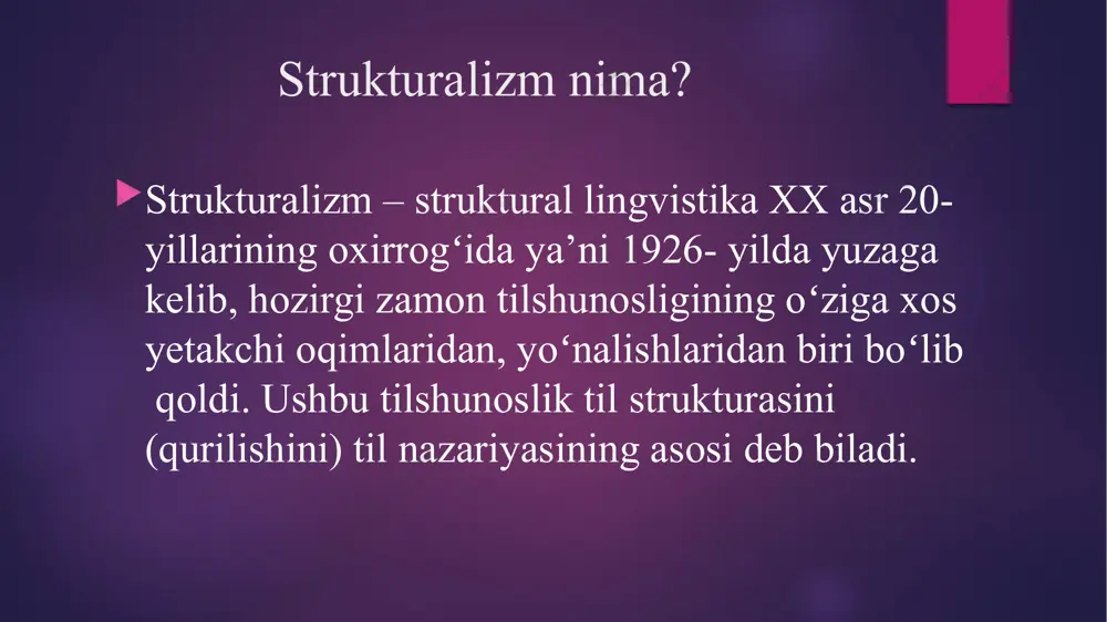 hindularining tasviriy grammatikasiga bag‘ishlangan asarlarida barcha tillarni tasvirlashning yagona tamoyilini inkor qilishga va aniq tilning o‘z mantiqi asosida, tilning “ichidan” induksiya yo‘li bilan o‘rganishga chaqirgan edi. boasning ishini eduard sepir (1884-1939) hamda leonard blumfild (1887-1949) davom ettirdilar. e.sepir kanada, meksika va aqshdagi mahalliy aholilar tillari bo‘yicha tadqiqotlar olib borib, o‘zining asosiy “til” (1921) asarida tilni insonning aloqa quroli bo‘lgan aniq tillar ta’siri ostida bo‘lishini, insonlarning madaniyati qanday bo‘lishi ham tillarga bog‘liq bo‘lishini ilgari surgan. sepir tilshunoslikda etnolingvistika yo‘nalishining shakllanishiga asos soldi. image2.png image3.png image4.png image5.png /docprops/thumbnail.jpeg