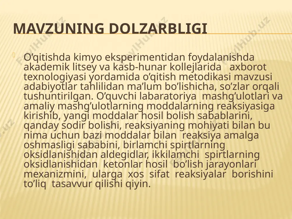 arni xlorid kislota yoki xlorli ohak uchun ishlatish. o’qitishning ko’rgazmali so’zlab berish metodlari ichida eng muhimi kimyoviy eksperimentning namoyish qilishdan foydalanish. nazariy va ekperimental fan bo’lgan kimyoni o’qitishdan o’quv o’quv eksperimentining eng yuqori o’rinni egallaydi. o’qitishdagi ekperiment kimyoviy hodisalarning o’quvchilarga yaindan tanishtirib qolmasdan kimyo metodlarining ham o’rgatadi demonstaratsion ekperiment deb, dars jarayonida o’qituvchi biron labarant yoki faol o’quvchi tomonidan namoyish qilib ko’rsatiladigan tajribaga aytiladi. bunday tajribalar darsda ko’rsatilgan boladi. lekin tajribani o’tkazish uchun probirka va idishlar moddalar yetishmasligi mumkin bo;lgan hollarda o’qituvchi o’z ixtiyoriga ko’ra mavzuga yaqin bo’lgan boshqa biron – bir tajribga almshtirishi mumkin .har bir o’quvchida kimyo bo’yicha ishlash malakalari bo’lmagan kimyoning o’rganishning dastlabki bosqichlarida kimyoviy jarayonlarning kuzatish,tajribalar bajarish maqsadi bo’ladi kimyo eksperimenti o’quvchilarda fanga bolgan qiziqishlarning uyg’otish amaliy ko’nikmalarning shakllantirish kimyoviy idishlar va reaktivlar bilan tanishtirish maqsadida demonsratsion ekperiment o’tkaish zarur.odatda koproq miqdoriy reaktivlardan foydalanish kerak. masalan ; spirtlarning yonishi co2 yoki ccl4 o’chirish texnika xavfsizligi va …