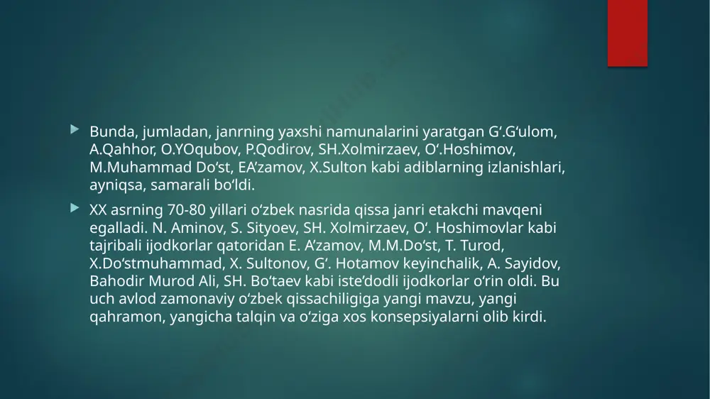 fojeiy hayoti haqida. qissada sog‘lom fikr va pokiza tuyg‘ulardan mahrum, faqat buyruqnigina bajaruvchi qo‘g‘irchoqqa aylangan, qamoqdagi o‘z o‘g‘lini oti bilan emas, xizmat talabiga muvofiq “to‘qson oltinchi” deb ataydigan to‘nkamijoz nazoratchi va uning atrofidagi odamlar haqida so‘z boradi. bugungi qissachiligimizga nazar tashlaganda birinchi galda undagi mavzu, muammo, shakliy-uslubiy jihatdan rang-baranglik e’tiborni tortadi; ular orasida tarixiy, zamonaviy, ijtimoiy-siyosiy, oilaviy-maishiy, ishqiy mavzulardagi ham an’anaviy romantik, realistik, ham modernistik, ham jidiiy, ham yumoristik, sarguzasht-detektiv yo‘nalishdagi asarlarni kurish mumkin. xurshiddo‘stmuhammadning “hijronim meningdir, mening...” qissasi bir qarashda bir qarashda an’anaviy liro- romantik yo‘sinda bitilgan, asar oshiq va ma’shuqaning ko‘ngil rozlarini izhor etuvchi maktub-yozishmalardan iborat. qissadagi oshiq va ma’shuqalar bir-biriga faqat ezgu tuyg‘ularini izhor etadi, sevgi muloqotlari jarayonida ular xayoli, vujudi, boringki butun hayoti bamisoli nurli, musaffo tuyg‘ular qanotida sayr etadi; bu nafis, musaffo tuyg‘ular ularni insoniy kamolot sari etaklaydi. yozuvchi qissada shu sehrli holat-vaziyatni, g‘aroyib haqiqatni badiiy kashf etgan. qo‘chqor norqobilning “kulib tur, azizim” qissasi o‘zbek …
