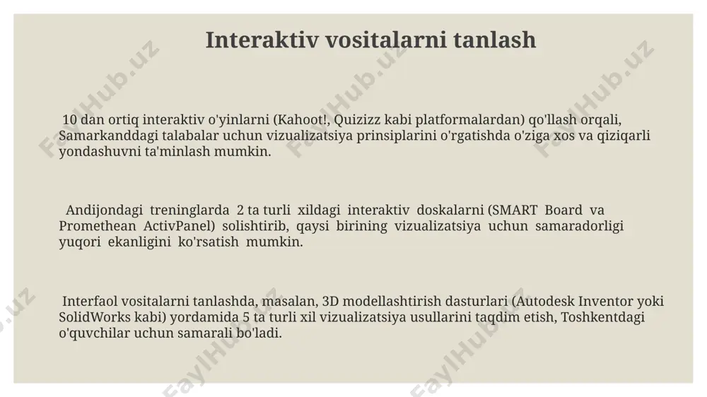 qali vizualizatsiya ta'sirini kuchaytirish mumkin. virtual va kengaytirilgan haqiqat texnologiyalari, masalan, 360° video va ar ilovalari yordamida, o'quvchilarga murakkab ma'lumotlarni, xususan, toshkentdagi tarixiy binolarni 3d ko'rinishida vizualizatsiya qilish imkonini beradi. kengaytirilgan haqiqat (ar) texnologiyalaridan foydalanib, 20 dan ortiq turli xil ob'ektlarni, masalan, inson anatomiyasini, 3d modellashtirish orqali o'rganish mumkin, bu esa vizualizatsiyani yanada samarali qiladi. taqdimot uchun interaktiv elementlarni qo'llash taqdimotda 3d modellardan foydalanib, masalan, toshkent shahridagi 5 ta binoning virtual sayohatini namoyish qilish, tomoshabinlarning faol ishtirokini ta’minlaydi va tushunishni yaxshilaydi. samarqanddagi tarixiy obidalarni 15 ta rasm orqali interaktiv xarita shaklida taqdim etish, geografik joylashuvni tushunishni osonlashtiradi va vizualizatsiya tamoyillarini yorqin namoyish etadi. interaktiv o'yinlar, masalan, 10 ta savoldan iborat viktorina, mavzuning muhim jihatlarini mustahkamlaydi va 20 nafar ishtirokchi orasida raqobatbardosh muhit yaratadi. o'quv jarayoniga qo'llash misollari namanganda 7-sinf o'quvchilariga 5 ta turli iqtisodiy ko'rsatkichni grafika va diagramma yordamida taqdim etib, ma'lumotlarni vizualizatsiya qilishning turli usullarini namoyish qilish mumkin. samarqanddagi …