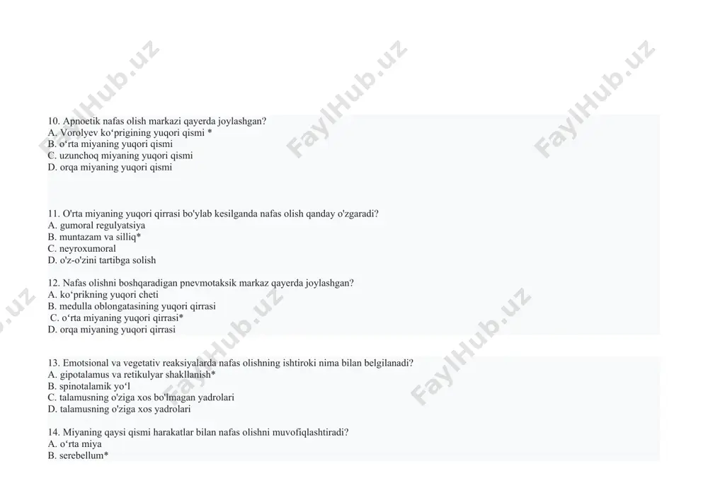 ʻriq, emotsiya, atmosfera bosimi, harorat, qon bosimi, mushak tonusi* c. og'riq, emotsiya, tashqi bosim, harorat, qon bosimi, skelet mushaklari tonusi d. sezgi, eyforiya, qon bosimi, harorat, qon bosimi, mushak tonusi 22. kim itlarda kesishgan qon aylanishni sinab ko'rgan? a. lumsden b. frederik* c. gyoring d. breuer 23. nafas olish markazi kislorod yetishmasligi yoki karbonat angidridning ko‘pligi bilan qo‘zg‘alishini qanday tajriba isbotladi? a. gyoring tajribasi b. lumsden tajribasi c. frederik tajribasi* d. breyer tajribasi 24. frederik tajribasida qaysi ion tasir etishning boshlanishi hisoblanadi? a. vodorod ionlari* b. kislorod ionlari c. natriy ionlari d. kaliy ionlari 25. mexanoretseptorlarning nechta turi mavjud? a.2 turlari b. 3 turdagi* c. 4 xil d. 5 turi 26. qanday retseptorlar 3 turdan iborat? a. interoretseptorlar b. proprioreseptorlar c. mexonoreseptorlar* d. eksteroreseptorlar 27. traxeyaning silliq mushaklarida joylashgan sekin moslashuvchi o'pka cho'zish retseptorlari qachon faollashadi? a. asta-sekin b. nafas chiqarishda c. nafas olayotganda * d. tez 28. o'pka hajmining …