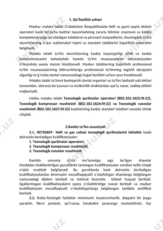 h va uni bartaraf qilish; to‘liq qurilmani, qurilma blok(bo‘lim)i va birlamchi qurilmalarni ishga tushirish va to‘xtatish. 3.1.2. texnologik kompressor mashinisti kvalifikatsiyasi bo‘yicha: texnologik kompressorlani ishlatish va ularga xizmat ko`rsatish; texnologik kompressorlarni boshqa qurilmalar bilan o`zaro ulash; texnologik kompressorlarni yuritmalarini montaj qilish; texnologik kompressorlarga xizmat ko`rsatishda asbob-uskunalar; texnologik kompressor qurilmalarida nazorat-o`lchash vositalari; texnologik kompressorlarni ishlatishda texnik hujjatlar. 3.1.3. texnologik nasoslar mashinisti kvalifikatsiyasi bo‘yicha: nasoslar va nasoslarning yordamchi uskunalari komponentlari va mexanizmlarining nosozliklarini bartaraf etish; nasos qurilmalari jixozlarini o`rtacha murakabbiligida ta`mirlash ishlarini bajarish; nasos qurilmalari va yordamchi uskunalarini ta’mirlash; nasos qurilmalardagi nazorat o`lchov asboblari; nasos stantsiyalarni jixozlarini ishlatish va xizmat ko`rsatish; nasos qurilmalarni ishlatishda texnik hujjatlarni yuritish. 3.2. 40720609– neft va gaz sohasi texnologik qurilmalarini ishlatish kasbi bo‘yicha ta’lim oluvchi quyidagi faoliyat turlariga tayyorlanadi: 3.2.1. texnologik qurilmalar operatori kvalifikatsiyasi bo‘yicha: neft va gaz mahsulotlarini haydash, quyish, joylash; neft va gaz mahsulotlarining satxini o‘lchash va namuna olish; katalizatorlar va adsorbentlarni yuklash va tushirish; …