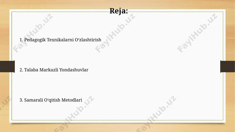 a bo'lgan talabalarni jalb qiladi va ularning faol ishtirokini 15% ga oshiradi. o'quv materiallarini 3 xil darajada (boshlang'ich, o'rta, yuqori) taqdim etish, har bir talabaning bilimlarini va o'rganish sur'atini hisobga olish imkonini beradi, natijada 20% ga kamroq talabalar orqada qoladi. kasbiy rivojlanish va yangi bilimlarni egallash kasbiy rivojlanishning 3 bosqichi (tayyorgarlik, amaliyot, baholash) samaradorligini oshirish uchun 5 ta asosiy ko'nikmani o'zlashtirish kerak: muloqot, muammo hal qilish, jamoada ishlash, kritik fikrlash va o'z-o'zini boshqarish. yangicha pedagogik uslublarni (masalan, gamifikatsiya, loyiha uslubi) qo'llash orqali o'quvchilarning bilim egallash darajasini 20% ga oshirish mumkinligini tadqiqotlar ko'rsatmoqda. kritik fikrlashni rivojlantirish debatlar va munozaralar orqali 10 ta argumentni ifodalash va himoya qilish mashqlari, tanqidiy fikrlash ko'nikmalarini 40% ga rivojlantiradi. o'quv jarayoniga “6 ta fikr shlyapasi” texnikasini qo'llash, talabalarning turli nuqtai nazardan muhokama qilish qobiliyatini 2 barobar oshiradi. texnologiyalarni o'qitish jarayonida qo'llash onlayn platformalardan foydalanish, masalan, moodle yoki google classroom, o'quv materiallarini 5 ta turli formatda taqdim …