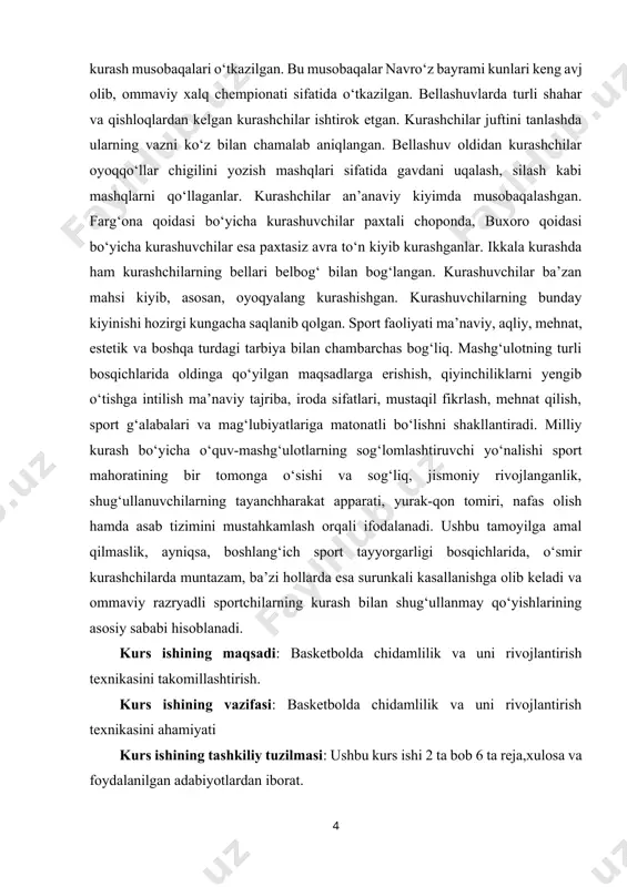 hlarida oldinga qo‘yilgan maqsadlarga erishish, qiyinchiliklarni yengib o‘tishga intilish ma’naviy tajriba, iroda sifatlari, mustaqil fikrlash, mehnat qilish, sport g‘alabalari va mag‘lubiyatlariga matonatli bo‘lishni shakllantiradi. milliy kurash bo‘yicha o‘quv-mashg‘ulotlarning sog‘lomlashtiruvchi yo‘nalishi sport mahoratining bir tomonga o‘sishi va sog‘liq, jismoniy rivojlanganlik, shug‘ullanuvchilarning tayanchharakat apparati, yurak-qon tomiri, nafas olish hamda asab tizimini mustahkamlash orqali ifodalanadi. ushbu tamoyilga amal qilmaslik, ayniqsa, boshlang‘ich sport tayyorgarligi bosqichlarida, o‘smir kurashchilarda muntazam, ba’zi hollarda esa surunkali kasallanishga olib keladi va ommaviy razryadli sportchilarning kurash bilan shug‘ullanmay qo‘yishlarining asosiy sababi hisoblanadi. kurs ishining maqsadi: basketbolda chidamlilik va uni rivojlantirish texnikasini takomillashtirish. kurs ishining vazifasi: basketbolda chidamlilik va uni rivojlantirish texnikasini ahamiyati kurs ishining tashkiliy tuzilmasi: ushbu kurs ishi 2 ta bob 6 ta reja,xulosa va foydalanilgan adabiyotlardan iborat. i.bob.yosh basketbolchilarning chidamlilik texnikasini oshirish hamda rivojlantirish nazariyasi 1.1.yosh basketbolchilarni jismoniy sifatlarini rivojlantirish yosh avlodning jisminiy tarbiya va ommaviy sport bilan shug’ullanishi uchun zamon talablariga mos shart-sharoitlar yaratiganligi, iqdidorli sportchilarni saralab …