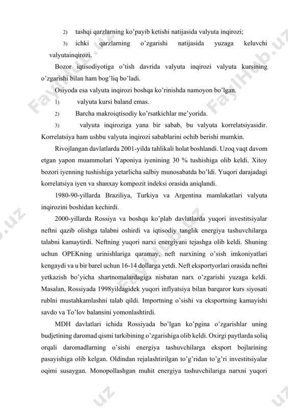 rozini boshidan kechirdi. 2000-yillarda rossiya va boshqa ko’plab davlatlarda yuqori investitsiyalar neftni qazib olishga talabni oshirdi va iqtisodiy tanglik energiya tashuvchilarga talabni kamaytirdi. neftning yuqori narxi energiyani tejashga olib keldi. shuning uchun opekning urinishlariga qaramay, neft narxining o’sish imkoniyatlari kengaydi va u bir barel uchun 16-14 dollarga yetdi. neft eksportyorlari orasida neftni yetkazish bo’yicha shartnomalardagiga nisbatan narx o’zgarishi yuzaga keldi. masalan, rossiyada 1998yildagidek yuqori inflyatsiya bilan barqaror kurs siyosati rublni mustahkamlashni talab qildi. importning o’sishi va eksportning kamayishi savdo va to’lov balansini yomonlashtirdi. mdh davlatlari ichida rossiyada bo’lgan ko’pgina o’zgarishlar uning budjetining daromad qismi tarkibining o’zgarishiga olib keldi. oxirgi paytlarda soliq orqali daromadlarning o’sishi energiya tashuvchilarga eksport bojlarining pasayishiga olib kelgan. oldindan rejalashtirilgan to’g’ridan to’g’ri investitsiyalar oqimi susaygan. monopollashgan muhit energiya tashuvchilariga narxni yuqori darajada tutib turishga yordam beradi. bu ba’zi davlatlarda biznesning usiz ham past raqobatbardoshligini susaytiradi. afsuski, bunday holatda yuqori valyuta kursiga ega bo’lishga sharoit yaratib bo’lmaydi. raqobatbardoshlikni …