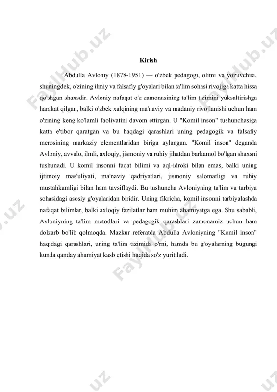 hida ta'kidladi. uning fikricha, ta'lim faqat bilim berish emas, balki axloqiy va ma'naviy tarbiya, shaxsiy fazilatlarni rivojlantirishdir. u pedagogik qarashlarini quyidagi prinsiplar asosida shakllantirgan. komil insonni tarbiyalashda avloniy faqat aqliy rivojlanishga emas, balki axloqiy, jismoniy va ruhiy rivojlanishga ham e'tibor qaratadi. ta'lim jarayonida bu barcha jihatlar birgalikda rivojlanishi kerak. u o'zining pedagogik g'oyalarida mehnatni, ijtimoiy mas'uliyatni va amaliy bilimlarni yuqori baholagan. komil insonni o'z kasbida muvaffaqiyatli bo'lishi uchun zarur bo'lgan amaliy ko'nikmalar bilan ta'minlashni ham muhim hisoblagan. avloniy tarbiya jarayonini faqat maktabda yoki o'quv muassasalarida amalga oshiriladigan ish deb hisoblamaydi. u tarbiya jarayonining jamiyatning har bir qatlamida bo'lishi kerakligini, ta'lim va tarbiya jarayonining o'zaro bog'liqligini ta'kidladi. komil inson va jamiyatdagi roli avloniy, shuningdek, komil insonning jamiyatdagi o'rni haqida ham gapirgan. u komil insonni nafaqat o'zining manfaatlari uchun, balki jamiyatining rivojlanishi uchun xizmat qiladigan shaxs sifatida ko'rgan. komil inson jamiyatda adolatni ta'minlash, mehnatni qadrlash, vatanparvarlik va ijtimoiy mas'uliyatni o'z zimmasiga olish …