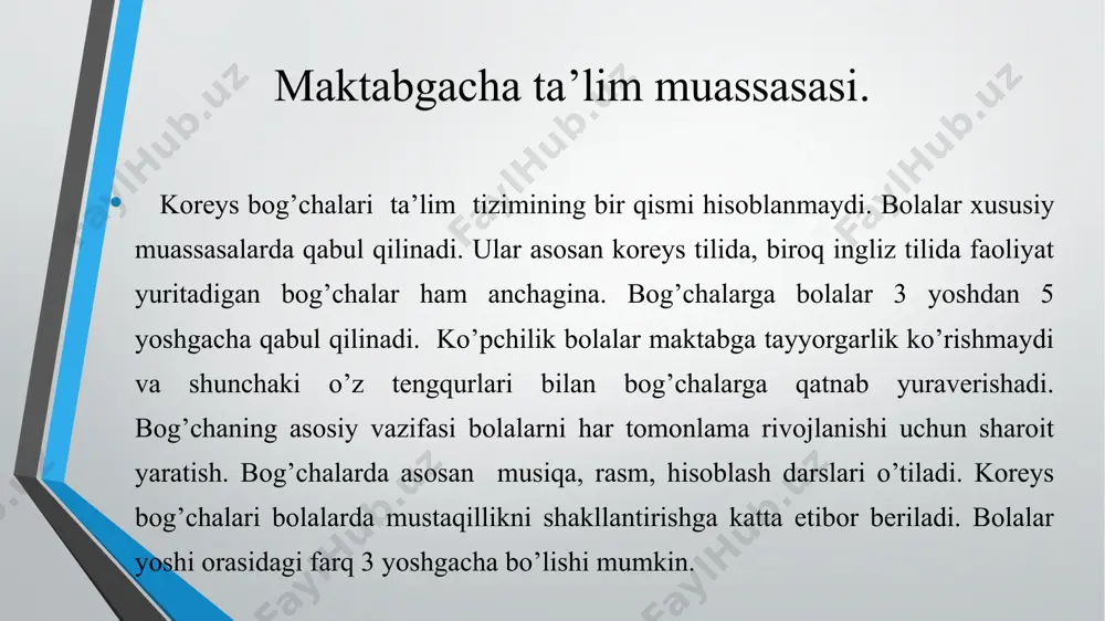 h orasida farq ilmiy darajalar soniga bog‘liq: i guruh uchun 5ta yo‘nalish bo‘yicha 40ta doktorlik darajasi, ii guruh uchun 3ta yo‘nalish bo‘yicha 10ta doktorlik darajasi beriladi. magistrlik o‘quv muassasalari, bakalavriat va magistrlik dasturlariga ega. bu o‘quv muassasasini ko‘p tarmoqli hamda keng qamrovli universitet va kollejlar deb atashadi. i guruh – milliy, ii guruh – regional hisoblanadi. aqshda oliy o’quv yurtlari 15 yaponiya ta’lim tizimi va uning o’ziga xosliklari 1. asos solingan davr. 1867-1885 yillarni qamrab oladi. zamonaviy ta’limning ilk tuzilishiga asos solingan. 2. birlashuv (konsolidatsiya) davri. 1886-1916 yillarni o‘z ichiga oladi. turli maktab qonunlari chiqarilgan, tizimli ta’lim yaratilgan. 3. tarqalish (ekspansiya) davri. 1917-1936 yillarni o‘z ichiga oladi. ta’lim tizimi bo‘yicha favquloddagi kengash tavsiyalariga asosan rivojlantirildi. 4. harbiy davr. 1937-1945 yillar. militaristik ta’lim tizimi. 5. zamonaviy davr. 1945dan hozirgi davrgacha ta’lim islohotlari. yaponiyada oliy ta’lim majburiy hisoblanadi va u kasb ta’limi bilan uzviy bog‘liqdir. oliy ta’lim tizimi quyidagi turlarni o‘z ichiga …
