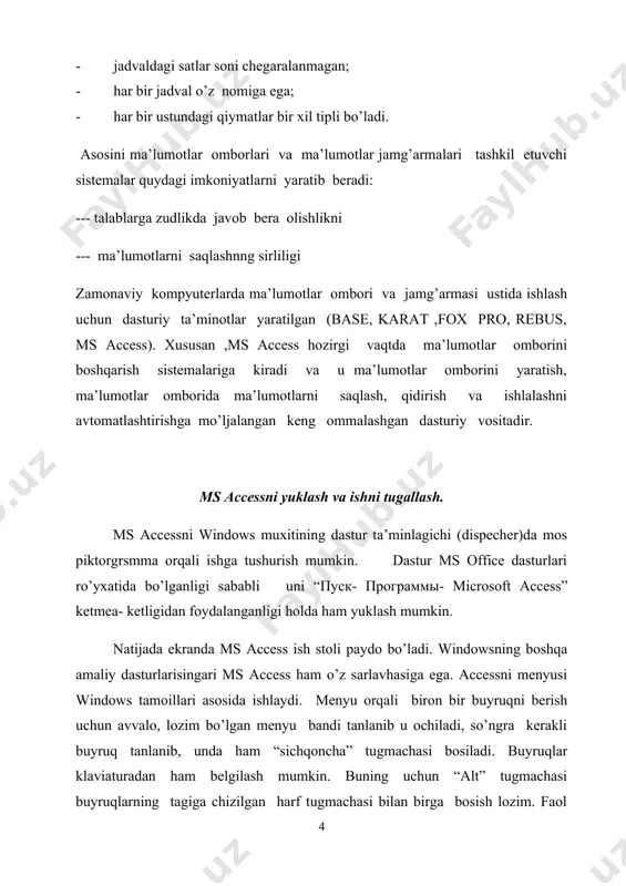 bo’ladi, bunda windows muloqat ochadi. bu muloqatda qo’shimcha ma’lumotlar kiritishimiz mumkin. masalan, “файл” menyusining “открыть” buyrug’ini tanlasak, u holda “открыть данных” muloqati chiqadi. mavjud ma’lumotlar omborini ochish uchun quyidagi tartibda ish tutuladi: 1. asosiy ishga tushiriladi. 2. fayl menyusidan “открыть” buyrug’i tanlanadi. 3. kataloglar ro’yxatidan accessdagi mavjud katalog tanlanadi va [ok] bosiladi. ma’lumotlar ombori fayllarni birma bir kompyuterda ochib ko’rish mumkin. accessda ish yuritishda ma’lumotlar oilishning quyidagi usullari mavjud: 1. berilgan mavzu bo’yicha 2. ishlash jarayonida 3. so’zlar bo’yicha qidirish ms accessda ishni tugatish uchun “файл” buyruqlar to’plamiga kirib, «выход» bandi ustida “sichqoncha” tugmachasi bosiladi yoki [alt] [f4] tugmachasi birgalikda bosiladi. ma’lumotlar omborida axborotlarni joylashtirish sturukturasi microsoft access katta xajimdagi ma’lumotlarni saqlash va ishlashni tashkil qilish xususiyatiga ega. qyidagi microsoft access yordamida ma’lumotlar ombirini, uning elementlarini ochish, ma’lumotlarni kiritish va undan foydalanishni qarabchiqamiz. ma’lumotlar va yozuv tushunchalari. ma’lumotlar – komputerda saqlanayotgan va saqlanmoqchi bolgan yozuvlardan tashkil topadi, undan bir va …