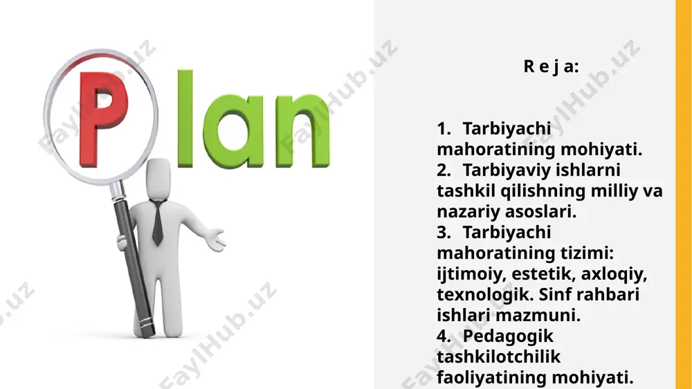 yuksak odob axloqqa ega bo’lishi kerak. o’quvchilar bilan o’tkaziladigan suhbatlarni yuqori saviyada tashkil qilishda o’qituvchi quyidagi madaniyat qirralariga ega bo’lishi kerak: • ruhiyat madaniyati - o’kuvchilarning ma'naviy ehtiyojlariga to’g’ri ta'sir ko’rsatish; • mahorat madaniyati - har bir tadbirni zo’r quvonch va qalbdan tashkil qilish; • siyosiy madaniyat o’quvchilarning ijodiy, ma'naviy, badiiy faoliyatini tashki qilishdir. avvalombor har bir tarbiyachi pedagogik tashkilotchilik mahoratiga ega bulishi kerak. tarbiya jarayonini to’g’ri tashkillashtirish, darsdan so’ng o’quvchilarning bo’sh vaqtini to’g’ri taqsimlashi kerak. bunda o’qituvchilar, ota - onalar bilan yaqin munosabatda bo’lishlari kerak. o’qituvchi yakka suhbatlarni quyidagi sharoitda olib boradi. o’quvchining xarakter xususiyati, oiladagi o’rni, mavqei, ruhiy holatini o’rganishda. odob va axloqqa doir suhbat. ota - ona shu borada qanday tadbirlarni amalga oshirishda sharqona urf - odat, rasm - rusumlar, yangi chiqqan adabiyotlar. tarbiyasi murakkablashgan o’quvchlarning ota - onalarini malahat berish o’qituvchini yakka - yakka suhbati puxta, asosli va mantiqan boy bo’lsa, ota - onani unga ishonishini …
