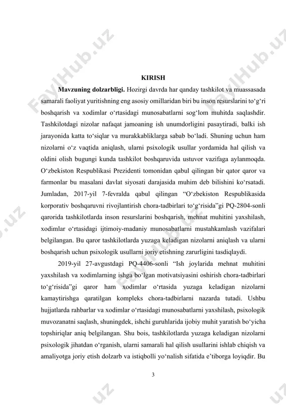 o‘rtasida ishonchli va ochiq muloqotni tashkil etishning samaradorligi batafsil tahlil qilingan. o‘zbekiston milliy universiteti professori nodira qodirova 2010-yillarda tashkilotlardagi stress va nizolar psixologiyasi ustida ishlagan. uning tadqiqotlarida nizolarni boshqarishda stressni kamaytirish va ruhiy muvozanatni saqlashga yo‘naltirilgan psixologik texnikalar va treninglar samaradorligi ko‘rsatib o‘tilgan. nodira qodirova o‘z ishlarida nizolarni hal qilish jarayonida mediatorlik va psixologik maslahatlarning ahamiyatiga alohida e’tibor qaratgan. bundan tashqari, toshkent davlat iqtisodiyot universiteti mutaxassisi shavkat yusupov 2015-yilda tashkilotlarda nizolarni boshqarish va ularni oldini olish yo‘llarini o‘rganib, o‘z tadqiqotlarida nizolarni tizimli tahlil qilish va psixologik yondashuvlarni qo‘llash usullarini taklif qilgan. u, ayniqsa, rahbariyat va jamoa o‘rtasidagi nizolarni samarali hal qilish uchun innovatsion psixologik usullar va treninglarni tashkil qilish zarurligini ta’kidlagan. mazkur olimlarning ilmiy izlanishlari tashkilotdagi nizolar muammosining o‘zbek ilmiy makonida yetarlicha o‘rganilganligini ko‘rsatadi. shu bilan birga, zamonaviy sharoitda mehnat bozorining o‘zgarishi, yangi texnologiyalar va boshqaruv usullarining paydo bo‘lishi, psixologik usullarni doimiy yangilab borishni va mukammallashtirishni talab qilmoqda. shu bois, …