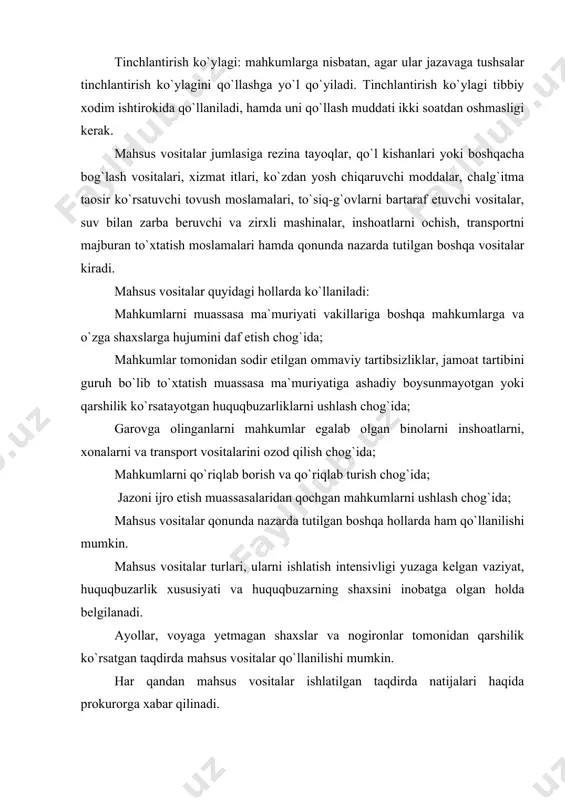 ladi: qo`qqisdan xujum qilinganda, qurolli xujumni yoki jangavor texnikani, uchish oparatlarini dengiz va daryo kemalaridan foydalangani holda qilingan xujumni daf etishda, garovga olinganlarni ozod qilishda, ozodlikdan mahrum etish joylaridan qurol bilan, transport vositalari yordamida yoki yurib ketayotgan transport transport vositalari yordamida yoki tunda ko`rish cheklangan sharoitlarda qochilganda. o`q otar qurolini qo`llash asoslari: alohida xollarda, agar jinoyatchini boshqa vositalar bilan to`xtatishning iloji bo`lmasa eng so`nggi chora sifatida o`q otar qurol qo`llashga yo`l qo`yiladi. mahkumlarga texnikaviy imkoniyatlar mavjud bo`lgan taqdirda telefon orqali so`zlashuv huquqi beriladi. telefon orqali so`zlashuv tekshiruv ostida olib boriladi hamda haqi mahkumning shaxsiy hisob varag`idan to`lanadi. so`zlashuv miqdori sharoitiga qarab belgilanadi va mahkumni iltimosnomasiga ko`ra berilishi mumkin. ozodlikdan mahrum etish joylarida saqlanayotgan mahkumlarning telefon orkali so`zlashuvi taqiqlanadi. ozodlikdan mahrum etishga hukum qilingan shaxslar cheklanmagan miqdorda xat va telegrammalarni olishi va jo`natishi mumkin. mahkumlarni xatlari va jo`natmalari senzuradan o`tkaziladi, jazoni manzil koloniyalarda o`tayotgan shaxslar bundan mustasno. ozodlikdan mahrum etish joylarida …
