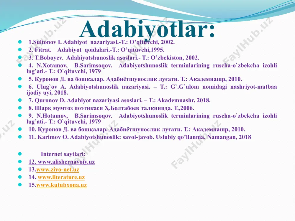 san’atkor ko’zi bilan ko’rilgan va ideal asosida ijodiy qayta ishlangan aksi tushuniladi. ramz arabcha so’z bo’lib, imo, ishora, imlash degan ma’nolarni bildiradi. simvol, ko’chim turlaridan biri, faqat shartli ravishda va shu matn doirasida ko’chma ma’no kasb etuvchi so’z va so’z birikmasi; obrazlilik turi. ramz mohiyatan majozga yaqin, ularning farqi shundaki, ramz kontekst doirasida ham o’z ma’nosida, ham ko’chma ma’noda qo’llaniladi. misol yana keldim mahzun go’shaga, bunda bir nay yotibdi sinib, qo’y, sig’inma ortiq o’shanga, qo’y, sig’inma, unga, sevgilim (rauf parfi). “singay nay” ramzdir. lirik qahramonning yo’qotilgan hislari, armonga aylangan orzulari ma’nosida ham tushunish mumkin. ya’ni “singan nay” kontekst doirasidagina yuqoridagi ma’noni ifodalab kelmoqda. majoz arabcha so’z bo’lib, ko’chma ma’nodagi so’z ma’nosini bildiradi. 1. mumtoz adabiyotshunoslikda so’zni o’z ma’nosida emas, boshqa bir ko’chma ma’noda ishlatish, ko’chimning umumiy nomi. so’zning ko’chma ma’nosi doim matn ichida, u bog’lanib kelayotgan boshqa so’z orqali anglashiladi. so’zning ko’chma ma’noda ishlatilishiga uning o’z ma’nosi bilan ko’chma ma’nosi …
