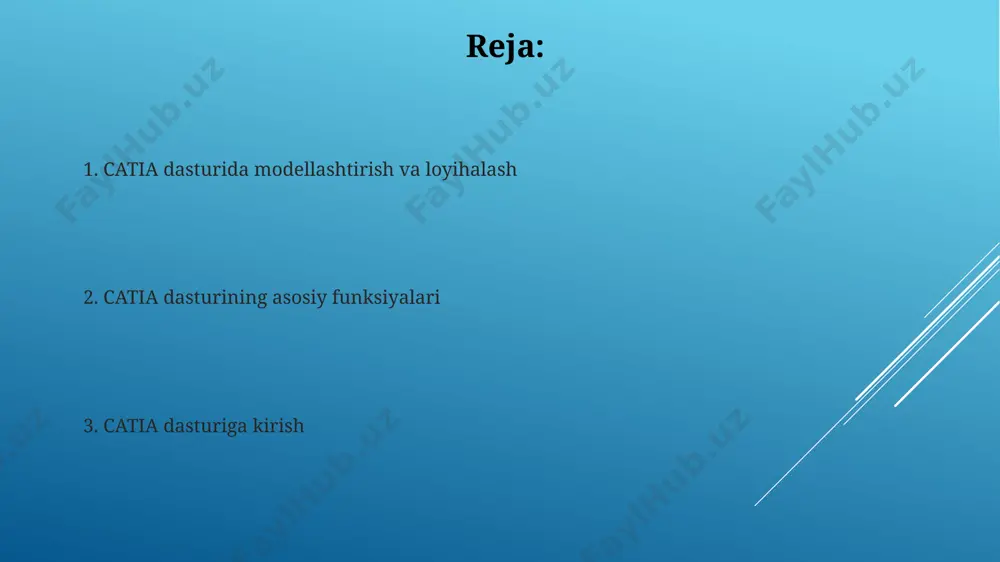 rda ishlatiladi, ular murakkab shakllarni va qismlarni loyihalash uchun zarur, xususan 1000+ dan ortiq qismlardan iborat yig'ilmalar. catiada 3d modellashtirish catiada chizmachilik catiada 2d chizmalar sketcher muhitida yaratiladi, bu erda foydalanuvchilar aniq geometrik cheklovlar bilan chiziqlar, aylanalarni va boshqa elementlarni chizishlari mumkin. catia v5 da 3d modellar yuzalar, qattiq jismlar va simli ramkalar yordamida quriladi, ularning har biri turli xil dizayn talablariga javob beradigan o'ziga xos imkoniyatlarga ega. catianing afzalliklari va qo'llanilishi catia muhandislar, dizaynerlar va ishlab chiqaruvchilar o'rtasida hamkorlikni osonlashtiradi. uning pdm integratsiyasi ma'lumotlarni boshqarishni 30% gacha samaraliroq qiladi. catianing afzalliklari va qo'llanilishi e'tiboringiz uchun rahmat @taqdimot_robot image1.jpg image2.jpg image3.jpg image4.jpg image5.jpg image6.jpg image7.jpg