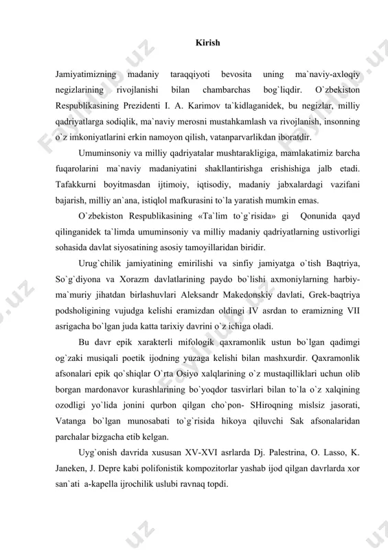 itorlar yashab ijod qilgan davrlarda xor san`ati a-kapella ijrochilik uslubi ravnaq topdi. keyinchlik bax, gendel’, betxoven, glyuk, gaydn, motsart, verdi, bize, shubert, shuman, mendel’son o`z ijodlari bilan xor san`atini yuqori pog`onalarga ko`tardilar. xor san`atining ahamiyati va roli musiqa janrlari ichida eng xalqqa tushunarli va yaqin bo`lgan tur bu xor san`atidir. xorda adabiy va musiqiy ijodiyot o`zaro uyg`unlashib, yaxlit obraz yaratadi. xor xalqlar milliy musiqa madaniyatining shakllanishi va rivojlanishida muhim o`rin tutadi. o`tmishda bizning respublikamiz xor ijrochiligiga ega bo`lmagan, xozirda esa shahar va qishloqlarda akademik va xalq (havaskorlik va professional) xor jamoalari ko`plab mavjud. professional va havaskorlik xorlari badiiy va texnik jihatdan bir-biriga yaqin bo`lib, professional xor havaskorlik xoriga saviyasini oshirishga yordam bersa, o`z navbatida havaskorlik va professional jamoasiga xushovoz, iqtidorli yoshlarni etishtirib beradi. san`at bayramlarida professional va havaskorlik xorlar birga ishtirok etadilar. respublikamizda madaniyat va san`at oliy o`quv yurti, o`dk, pedagogika universiteti qoshidagi musiqa fakul’teti, pedagogika va musiqa kollejlari mavjud. …