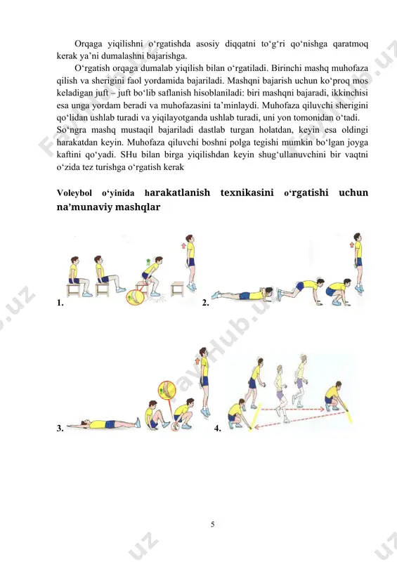 nga kiritish texnikasini o‘rgatish. 1.2. 3. 4. 5. 6. 7. 8. to‘pni uzatishni o‘rgatish yuqoridan uzatish bilan o‘rgatiladi. bu erda texnikani egallashni xalqiluvchi sharti oldinga chiqish to‘pga qo‘lni to‘g‘ri qo‘yish hisoblanadi. yuqoridan uzatishni tushintirishda voleybolchilarni to‘g‘ri turishiga va uzatish uchun qo‘lni holatiga diqqatni to‘plash kerak. yordamchi mashqni shunga yo‘naltirish kerakki chunki shug‘ullanuvchilar barmoq va qo‘l panjalarini holatini, qachonki to‘p oldida bo‘lganda to‘g‘ri joylashtirishlari zarur. bu uzatish vaqtida qo‘l holati haqidagi tushunchani tuzishga yordam beradi. to‘pni yuqoriga otib, uzatishiga taqlid qilib, oldinga – yuqoriga harakatlanish bilan ilib oladi. bunda diqqatni panjalar va qo‘l barmoqlarini to‘pga qo‘yishni to‘g‘ri holatini, oyoqni holatini va ularni ishlash harakatini bajarishga qaratish kerak. 1. 2. 3. 4. 5. 6. 7. 8. 9. 10. 11. 12. pastdan to’pni uzatish texnikasini o’rgatish uchun namunaviy mashqlar to‘pni pastdan uzatishni huddi shu ketma-ketlikka rioya qilgan holda o‘rganiladi. dastlab o‘rganuvchilarni diqqatini qo‘lni doimiy holatiga va uni uzatish vaqtidagi ishiga qaratiladi. buning uchun …