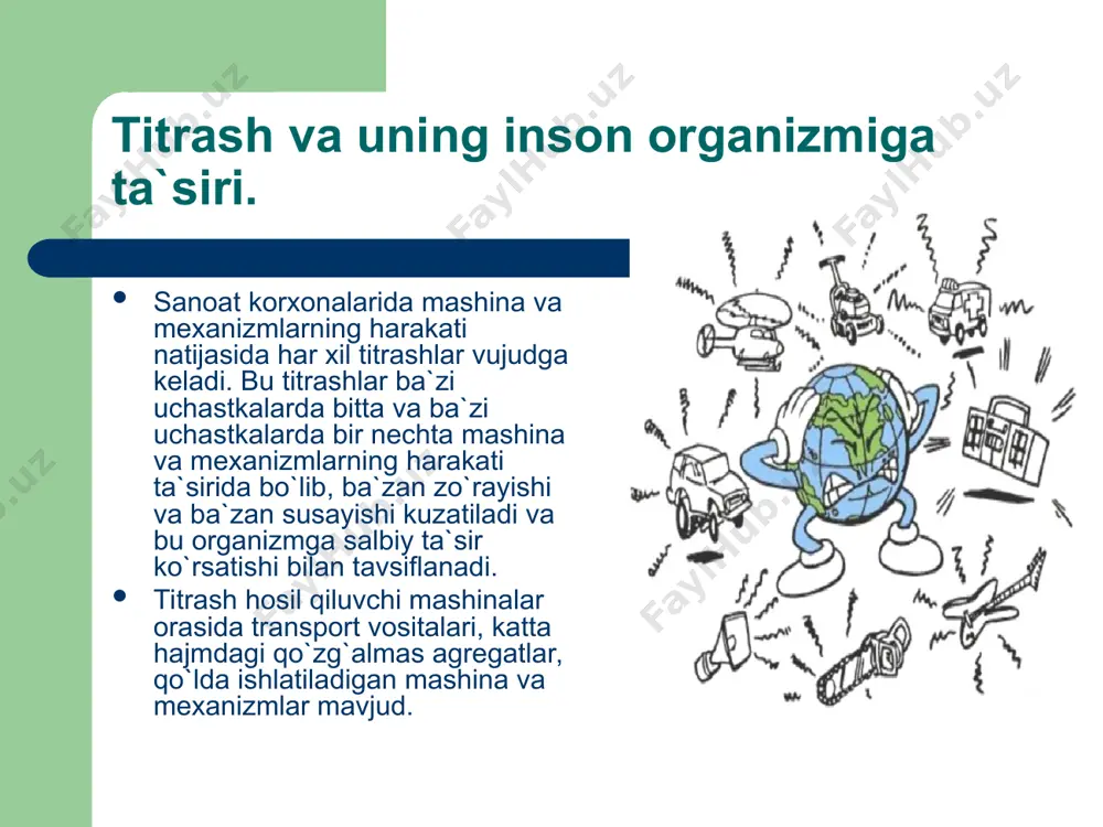 katta asoratlar kelib chiqishiga sabab bo`ladi, ba`zan mexanik jarohatlarga olib kelishi mumkin. shovqin va uning inson organizmiga ta`siri. hozirgi zamon texnika taraqqiyoti davrida sanoat korxonalarida shovqinga qarshi kurash masalalari muhim masalalar qatoriga kiradi. bu masala asosan mashinasozlik sanoatida transport vositalarini ishlatishda va energetika sanoatida juda jiddiy masala bo`lib turibdi. shovqinning oqibatlari ma`lum. u birinchi navbatda ishlab-chiqarishda mehnat qilayotgan kishilarni ma`naviy toliqtiradi, shovqin chiqaruvchi mashinalarni ishlatayotgan ishchilar va ishlab-chiqarish jarayonini boshqarayotgan operatorlar ishiga xalal berib, ularni har xil xatoliklarga yo`l qo`yishlariga olib keladi. bu esa o`z navbatida ishlab-chiqarish jarohatlanishlari kelib chiqishining asosiy manbayi hisoblanadi. katta shovqin ta`sirida insonning asab sistemalari zirqillaydi, eshitish organining faoliyati susayishiga sabab bo`ladi. shuning uchun ham sanoat korxonalarida shovqinni kamaytirish chora-tadbirlarini belgilash muhim ijtimoiy ahamiyatga ega bo`lib, inson salomatligini saqlashda katta ahamiyat kasb etadi. eshitiladigan shovqinlar ma`lum chastotalar (16- 20000 gs) bilan chegaralanib qolmasdan, ma`lum chegaradagi eshitilish darajasi va bosimi bilan ham farqlanadi. shovqinning zararli ta`siri, shuningdek …