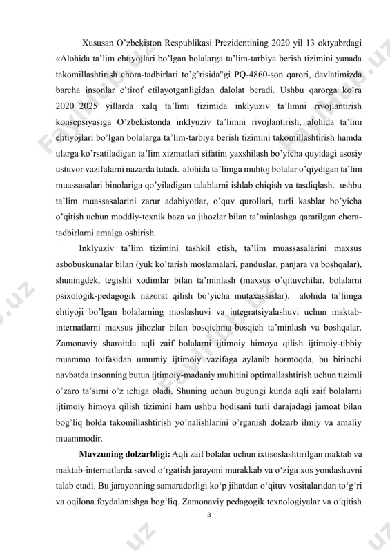 ari, panduslar, panjara va boshqalar), shuningdek, tegishli xodimlar bilan ta’minlash (maxsus o’qituvchilar, bolalarni psixologik-pedagogik nazorat qilish bo’yicha mutaxassislar). alohida ta’limga ehtiyoji bo’lgan bolalarning moslashuvi va integratsiyalashuvi uchun maktab-internatlarni maxsus jihozlar bilan bosqichma-bosqich ta’minlash va boshqalar. zamonaviy sharoitda aqli zaif bolalarni ijtimoiy himoya qilish ijtimoiy-tibbiy muammo toifasidan umumiy ijtimoiy vazifaga aylanib bormoqda, bu birinchi navbatda insonning butun ijtimoiy-madaniy muhitini optimallashtirish uchun tizimli o’zaro ta’sirni o’z ichiga oladi. shuning uchun bugungi kunda aqli zaif bolalarni ijtimoiy himoya qilish tizimini ham ushbu hodisani turli darajadagi jamoat bilan bog’liq holda takomillashtirish yo’nalishlarini o’rganish dolzarb ilmiy va amaliy muammodir. mavzuning dolzarbligi: aqli zaif bolalar uchun ixtisoslashtirilgan maktab va maktab-internatlarda savod oʻrgatish jarayoni murakkab va oʻziga xos yondashuvni talab etadi. bu jarayonning samaradorligi koʻp jihatdan oʻqituv vositalaridan toʻgʻri va oqilona foydalanishga bogʻliq. zamonaviy pedagogik texnologiyalar va oʻqitish vositalari (koʻrgazmali qurollar, texnik vositalar va boshqalar) aqli zaif bolalarning oʻqish va yozish koʻnikmalarini rivojlantirish, ularning diqqatini jalb qilish, …