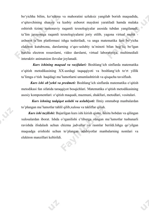 izimida biror tarmoqni hosil qilishi mumkin. davlat ta’lim standartlarining aniq o‘quv fani bo‘yicha emas, balki ta’lim sohalari bo‘yicha ishlab chiqilishi o‘quv fanlarini variativ tanlash asosida o‘quv-metodik majmualar (dastur, o‘quv rejasi, darsliklar)ni yaratish uchun keng imkoniyatlar ochib beradi, shuningdek, o‘quv fanlararo bog‘lanish va bilimlarini muvofiqlashtirish tamoyili asosida o‘quv fanlarining ichki bog‘liqligi va fanlararo aloqasini ta’minlashga xizmat qiladi. boshlang‘ich sinflar o‘qituvchisining metodik-matematik tayyorgarligi deyilganda biz uni ilmiy dunyoqarash asosida matematika o‘qitish metodikasini umumiy pedagogik-psixologik va matematik tayyorgarlik bilan uzviy bog‘lanishda tayyorlanishni tushunamiz. bunday tayyorlanish vazifasiga matematikadan boshlang‘ich ta’lim sohasida ma’lum bilim va uquvlarni egallash va bolalarni o‘qitish orqali tarbiyalashni o‘zlashtirishi kiradi. metodik-matematik tayyorgarlik boshlang‘ich sinf o‘qituvchisini tayyorlashning tarkibiy qismi bo‘lib, uning ta’limiy-tarbiyaviy faoliyatidan ajralgan holda qaralishi mumkin emas. ikkinchi tomondan, boshlang‘ich sinflarda matematikani o‘qitish birinchi bosqichdir, ya’ni bolalarni navbatdagi matematika kursini o‘zlashtirishga tayyorlash bosqichidir. matematikadan boshlang‘ich ta’limning bu ikki jihati (aspekti) (boshlang‘ich ta’limning tarkibiy qismi va matematik tayyorgarligi) metodikada o‘zining munosib aksini …