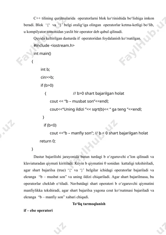 ,b,c; cout >a; cout >b; c = (a>b)? a : b; cout #include using namespace std; int main() { int a,b; cout >a; cout >b; cout b)? a : b; return 0; } shartsiz o‘tish operatori goto operatori shartsiz o‘tish operatorining umumiy ko‘rinishi quyidagicha: goto ; goto operatoridan keyin boshqarilish ga uzatiladi va dasturning bajarilishi shu yerdan davom etadi. nishon - bu davomida ‘:’ qo‘yilgan identifikator. misol uchun: nishon: ; nishon har qanday operator oldidan ishlatilishi mumkin, shuningdek shart operatori oldidan ham. misol: n natural sonini kiritishni taklif qiluvchi dastur tuzilsin. agar natural bo‘lmagan son kiritilsa, qayta kiritish taklif qilinsin. #include #include using namespace std; int main() { float n; nishon: cout > n; if(( ceil(n) !=n) or (n ) { case : ; break; case : ; break; … default : ; } bu operator quyidagicha amal qiladi: birinchi navbatda qiymati hisoblanadi, keyin bu qiymat case kalit so‘zi bilan …
