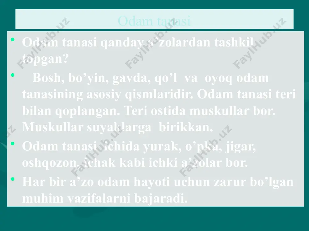 omirlarda qon tana bo’ylab harakat qilib yuradi. katta yoshdagi odamda 5 litrdan ko’proq qon bo’ladi. odamda ikki xil: arteriya va vena qon tomirlari bo’ladi. bu tomirlar tanamizdagi a’zolarga boribingichka naychalarga bo’linib ketgan. odam yugurganda yoki jismoniy ish bajarganda uyrak urishi tezlashadi. image1.jpeg image2.jpeg image3.jpeg image4.jpeg image5.jpeg image6.jpeg image7.gif /docprops/thumbnail.jpeg