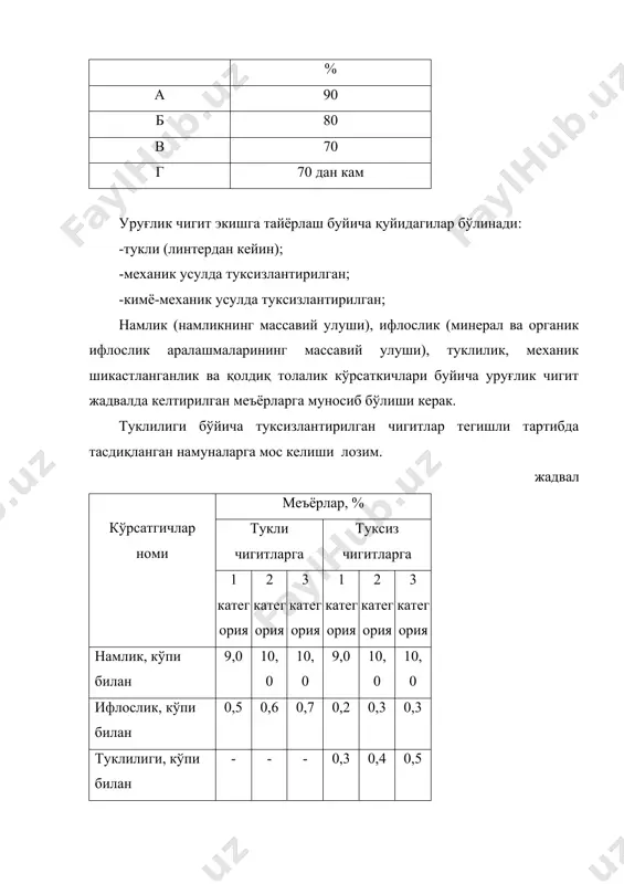 тижа бермоқда. 4сом чигит туксизлантириш машинаси кетма-кет ишлайдигап иккита иш камерасидан иборат. ҳар бир камера ичида иккита чўткала барабан қопланган тўрли кожух бор. кожухнинг юқори қисмида узунасига жойлашган нов чигит камераса вазифасини бажаради. чўткали барабанларнинг хаммаси бир томоига 1100 мин1 частота билан айланади. ишланган чигитларни юқори камерадан пастки камсрага ўтиш йўлида ва пастки камерадан чиқиш йўлида заслонкалар ўрнатилган бўлиб, улар камералардан чиқаётган чигитларнинг қолдиқ туклилигини созлаш учун мўлжалланган. ишланадиган чигитлар машинага труба орқали тушиб чигит камераси ва барабанлар билан тўрли кожух орасини тўлдиради. барабанлар айланганда улар билан бирга чигит валиги ҳам айланиб яиа камерага қайтади ва секин-аста барабанлар охиригача сурилиб пастки камерага тушади. шу даврда чигитлардан линт ва делинт ажратилади. чўткали барабанлар иккита электромотор билан айлантирилади. чигитлардан ажратилган линт ва делинтлар тўрла кожухдан марказдан қочирма куч таъсирида ташқарига ҳаво камерасига ташланади, сўнгра ҳаво оқими билан циклонга бориб, ҳаводан ажратилади. чўткали барабанлар 80-100 соат ишлагандан кейин чўтка симларининг учи ўтмас бўлиб …