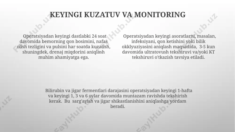 jarrohlikka tayyorgarlik operatsiyadan oldin qon quyish ehtimoliga tayyorgarlik ko'rish uchun bemorning qon guruhi va rh omili aniqlanadi va 2-4 dona qon komponenti tayyorlanadi. bemorlarning taxminan 70% iga operatsiyadan oldin nazogastrik naycha o'rnatiladi, bu ichakni bo'shatish va operatsiya paytida asoratlarni kamaytirishga yordam beradi. jarrohlikka tayyorgarlik jigar funksiyasini baholashni, shu jumladan, bilirubin, alt va ast darajalarini aniqlashni o'z ichiga oladi, bu operatsiyaga tayyorgarlikning muhim qismidir. postoperatsion davr va reabilitatsiya biliar atreziyasi operatsiyasidan keyingi dastlabki 2 hafta ichida jigar funksiyasi ko'rsatkichlarining yaxshilanishi kuzatiladi, bilirubin darajasi asta-sekin pasayadi. postoperatsion davrda bemorlarning 70-80%ida og'riq sindromi kuzatiladi, bu esa analjeziklar yordamida 3-5 kun ichida bartaraf etiladi. to'liq reabilitatsiya jarayoni individualdir, ammo o'rtacha 1-3 oy davom etadi va bolaning yoshi, operatsiya murakkabligi va umumiy holatiga bog'liq. safro yo'llari atreziyasining anatomiyasi intrahepatik atreziya, jigar ichidagi safro yo'llarining shikastlanishi bilan tavsiflanadi va ko'pincha ekstrahepatik atreziya bilan birga keladi, bu esa diagnostika va davolashni murakkablashtiradi. safro yo'llari atreziyasi turli xil …