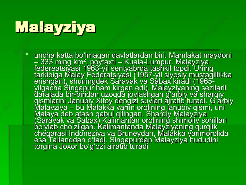tarmog‘i keng rivojlandi. 1997 yilgi osiyo iqtisodiy inqirozidan so‘ng malayziya qo‘shnilariga nisbatan juda tez tiklandi. mamlakat iqtisodiyotining eng muhim tarmog‘i xalqaro savdodir, keyingi o‘rinda ishlab chiqarish turadi. katta miqdordagi qishloq xo‘jalik mahsulotlari va tabiiy boyliklarni, jumladan, neftni eksport qiladi. elektronika va axborot texnologiyalarini eksport qilish bo‘yicha ham yetakchi o‘rinlarni egallaydi. elektron chiplar va maishiy konditsionerlar eksporti bo‘yicha dunyoda birinchi o‘rinda. 2002 yili mamlakat o‘z koinot dasturini ishga tushirdi. avtomobil sanoati ham rivojlangan, “proton” belgisi ostida yengil mashinalar ishlab chiqariladi. sayyohlik xizmati yuqori darajada taraqqiy topgan. bu tarmoq chet el valyutasini olib kirish bo‘yicha uchinchi o‘rinda turadi va mamlakat iqtisodiyotining yetti foiziga egalik qiladi. malayziya islom bank tizimi markazlaridan biri sanaladi. ayni iqtisodiy jarayonlar davlat tomonidan ishlab chiqilgan aniq reja asosida izga solinib turibdi. vaholanki, janubi-sharqiy osiyodagi 24 mln. kishilik aholiga ega bo`lgan ushbu mamlakat 1957 yilgacha, ya'ni milliy mustaqillikkacha, asosan kauchuk va qalay ishlab chiqarish hamda eksport qilishga ixtisoslashgan qoloq …