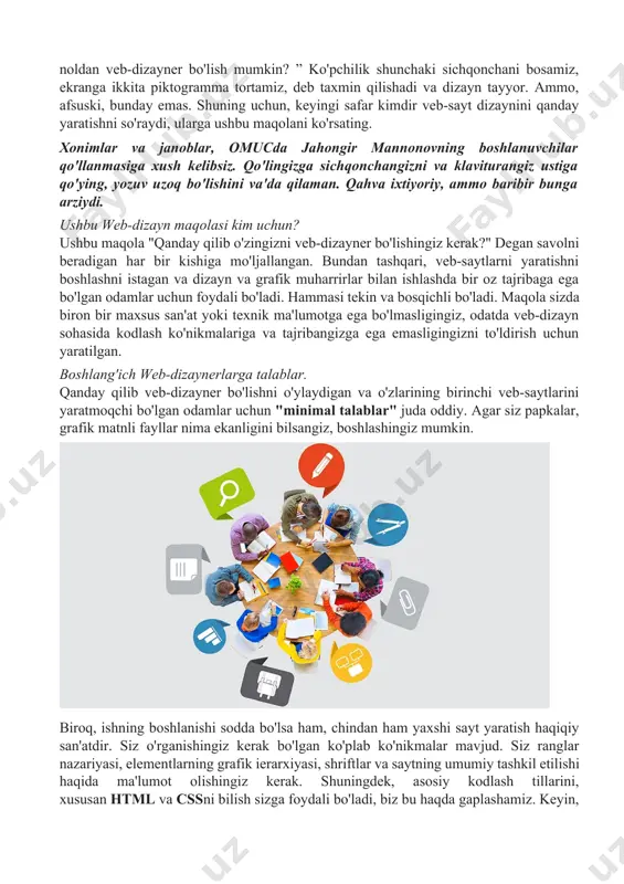 ganishga tayyor bo'ling va dam olishni unutmang!" ushbu web-dizayn qo'llanmasidan yangi o'rganuvchilar qanday foydalanish kerak? o'qing! bu boshlash uchun etarli bo'ladi. o'zingizning birinchi, ehtimol eng qo'pol saytingizni qiling. qayting va yana o'qing. xatolarni tuzating. takrorlang. yo'q, ehtimol siz hamma narsani birdaniga o'qishni xohlamaysiz. siz foydalanishingiz mumkin bo'lgan boshqa ko'plab manbalar, turli xil yondashuvlar mavjud. yaxshi, lekin men hali ham bir oz o'qib chiqishni va birinchi qadamlardan o'tishni tavsiya qilaman. yangi o'rganuvchilar uchun brauzerda dizayn. ehtimol, ko'pchilik dizaynerlar avval grafik muharrirlardan foydalanishlarini bilasiz va shundan keyingina o'z loyihalarini koderga tartib uchun berishadi. photoshop eng ko'p ishlatiladigan vositadir, ammo dizaynerlar shuningdek sketch, gimp, inkscape va illustrator kabi dasturlardan foydalanadilar. hubhasiz, siz ulardan bir nechtasini sinab ko'rishingiz va sizga mos keladigan vositalardan foydalanishingiz kerak. ammo, agar siz aniq saytlar yaratmoqchi bo'lsangiz, ularni darhol tabiiy muhitda bajarishga harakat qiling - brauzerda! ideal holda - buni bir nechta brauzerlarda bajaring - chunki odamlar photoshop-da saytlarni …